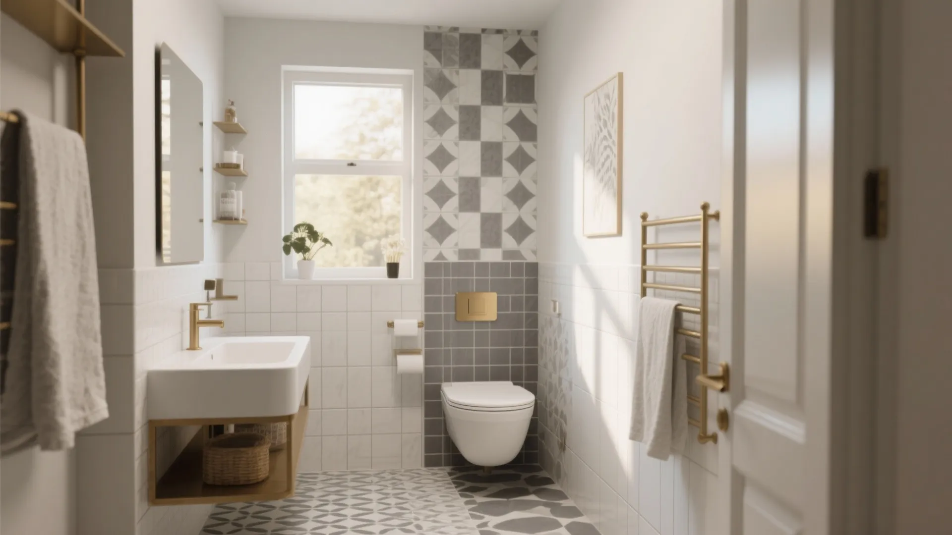 Bright bathroom interior with patterned floor tiles, gold hardware, white sink, and grey wall tiles