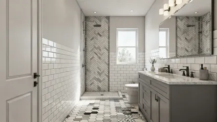 Bathroom featuring gray patterned floor tiles white wall tiles gray cabinet and patterned shower walls