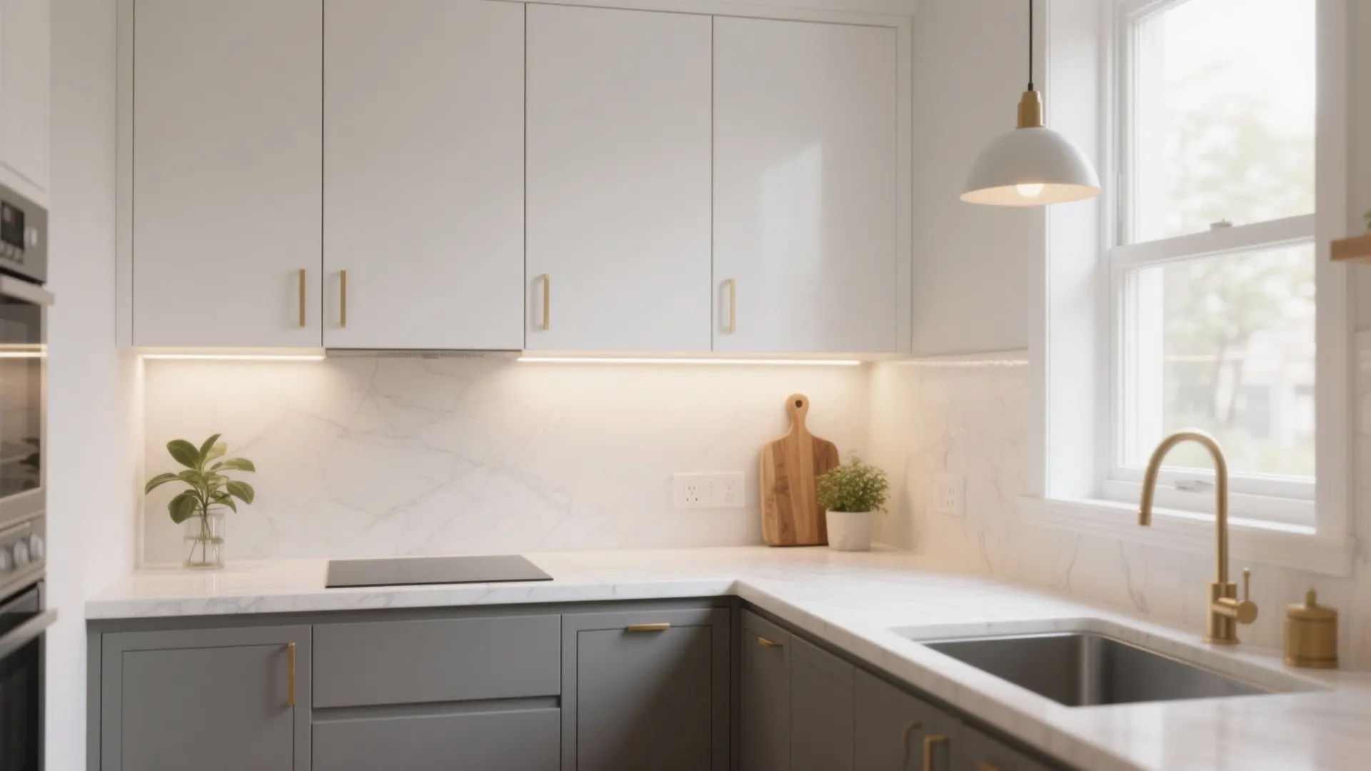Modern kitchen with white upper cabinets gray lower cabinets marble countertop gold faucet and plant