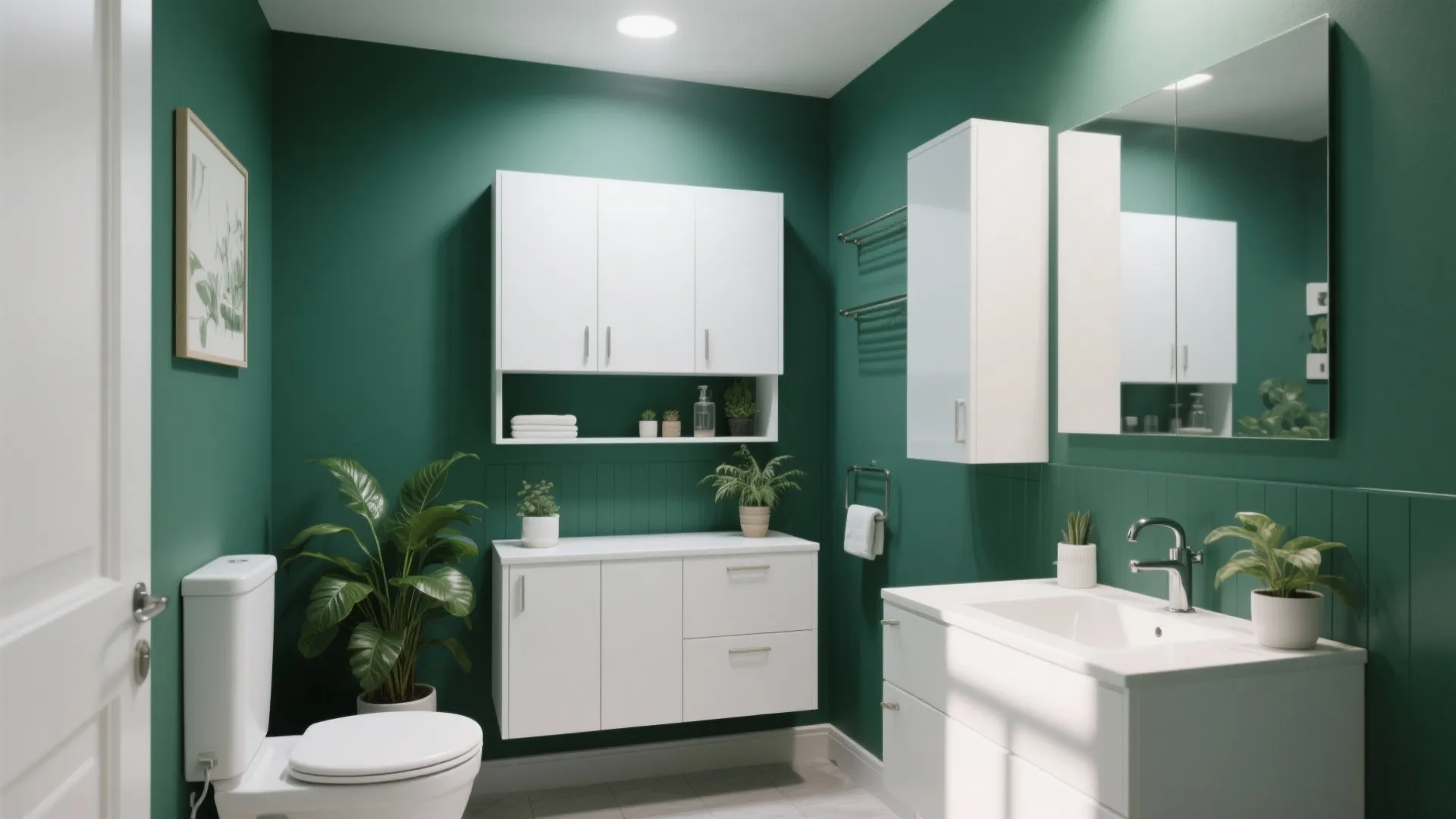 White cabinets paired with deep emerald green bathroom walls
