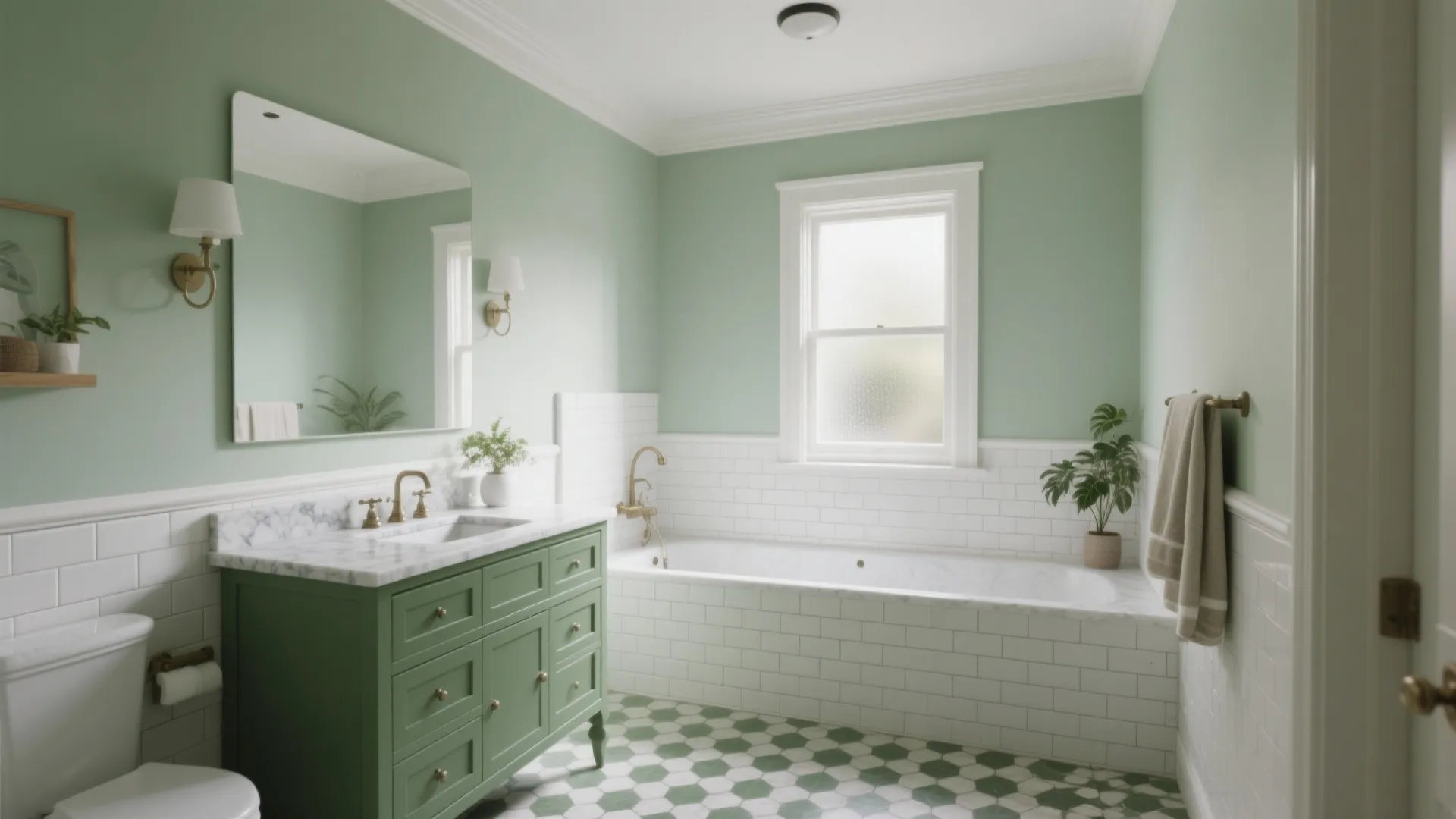 Spacious green bathroom with white wall panels marble sink cabinet bathtub and green patterned floor tiles
