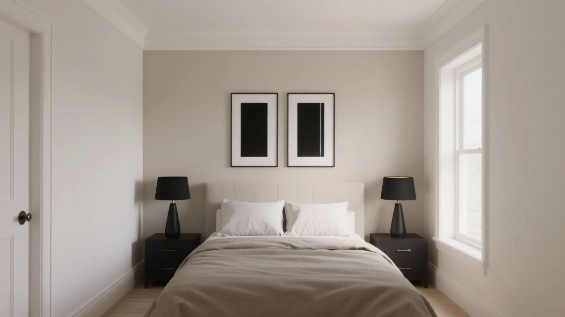 Crisp White, Warm Greige, and Matte Black Accents