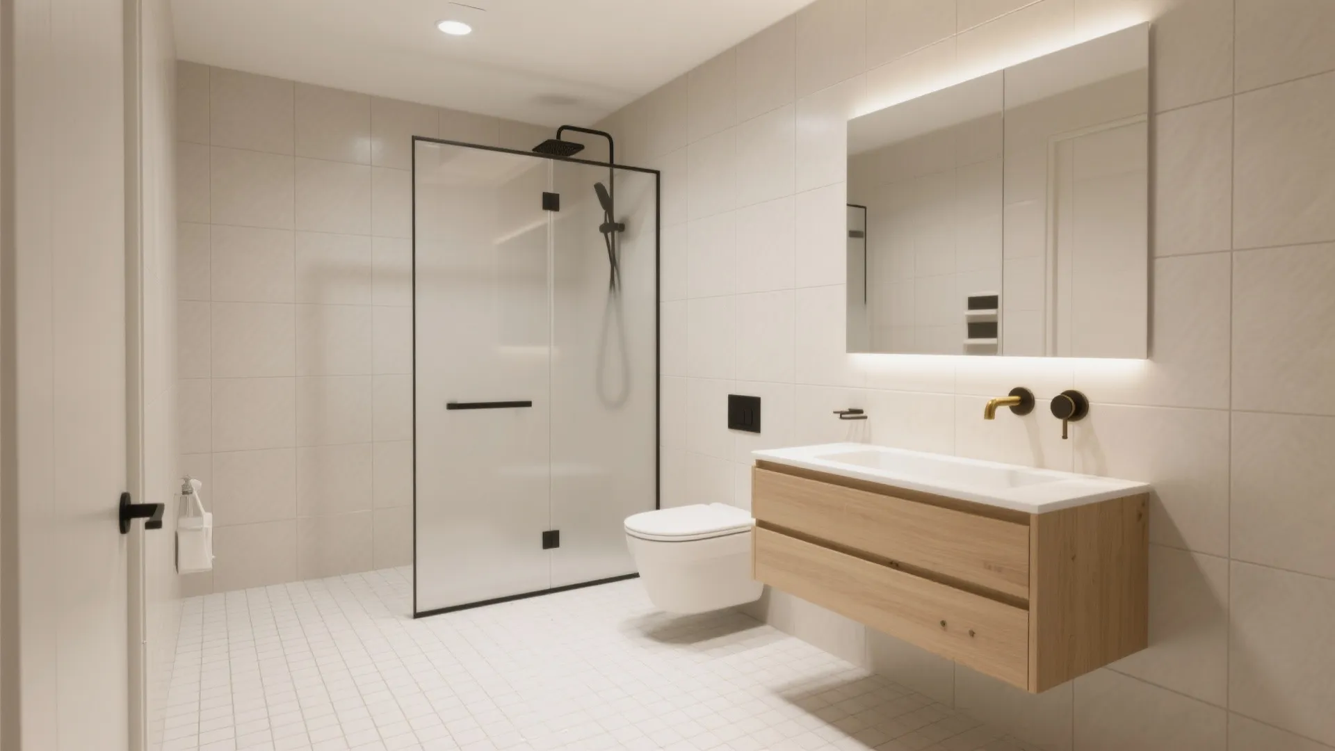 Soft white mosaic floor with warm greige matte wall tiles creating a calm, continuous small bathroom.