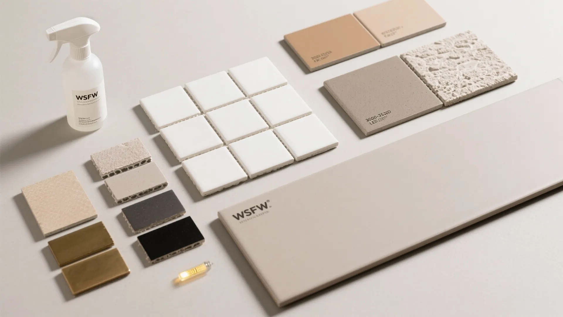 Flatlay of white mosaic, greige porcelain tiles, and matched grout samples.