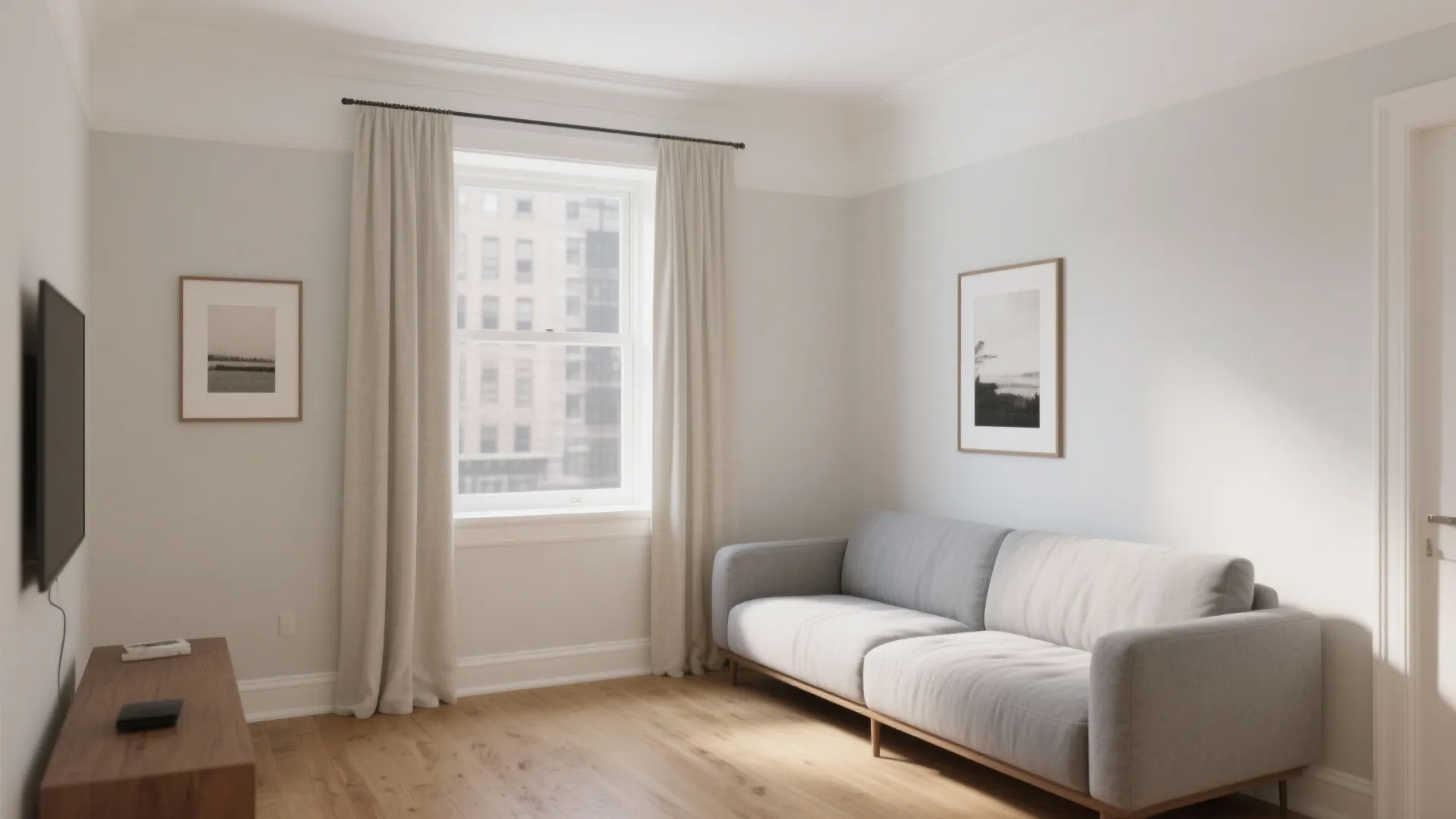 Modern bright living room featuring a grey sofa wooden floor white curtains and large window