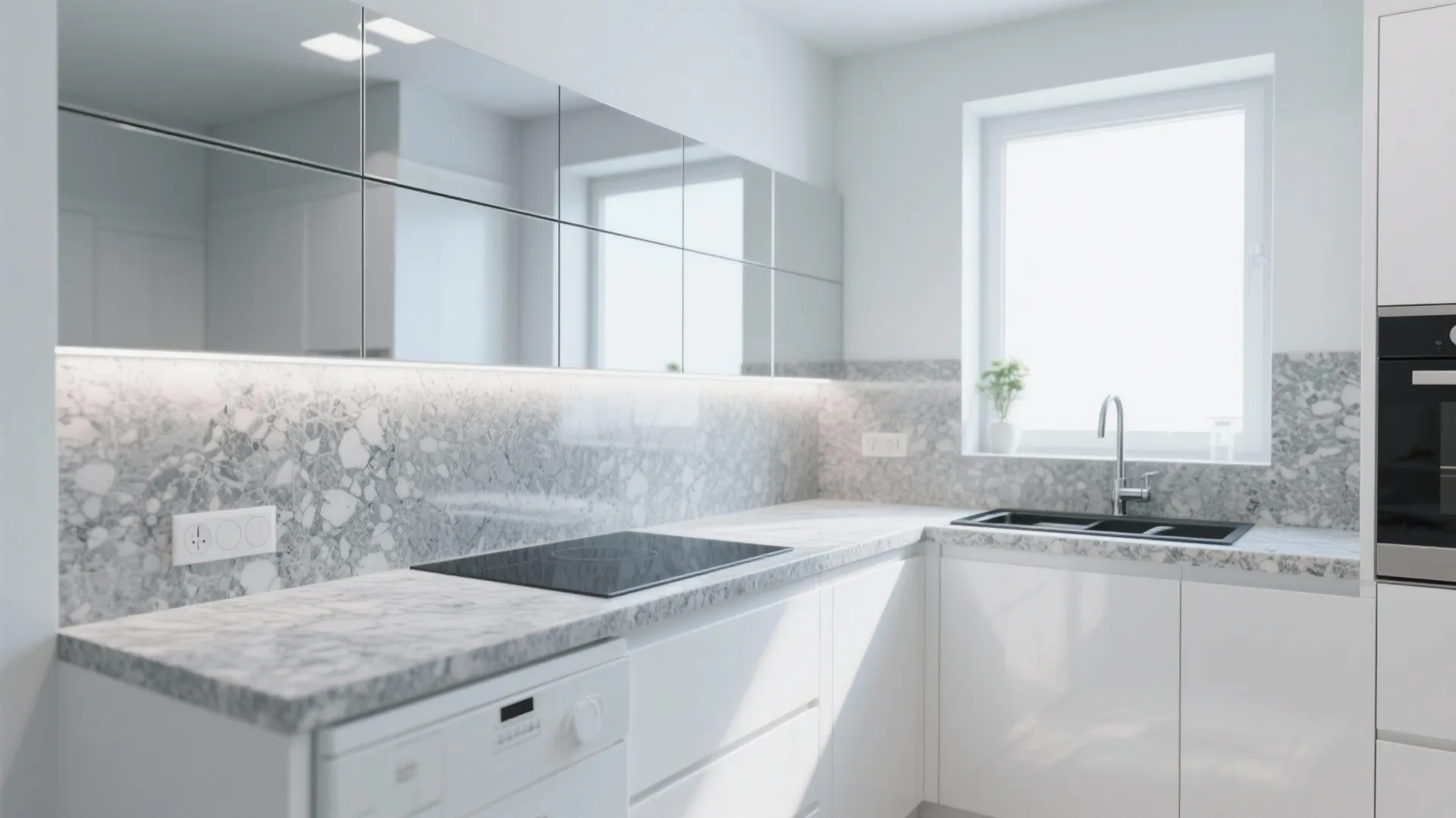 Modern white kitchen with marble countertop mirror wall panel bright window and black sink basin