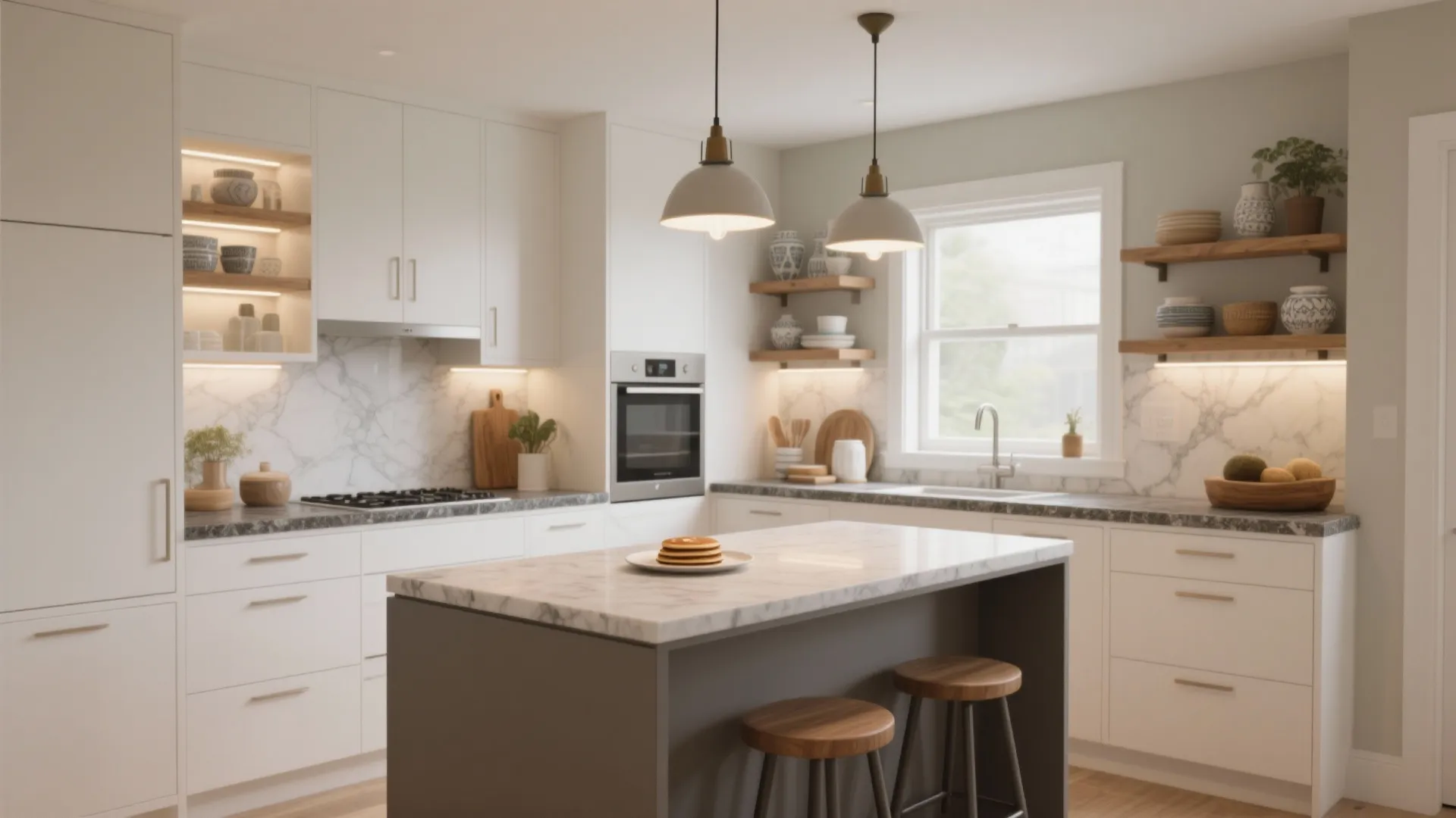 Bright Contrast: 5 Ideas for White Cabinets + Grey Island: How to make white kitchen cabinets with a grey island feel modern, warm, and functional in small spaces