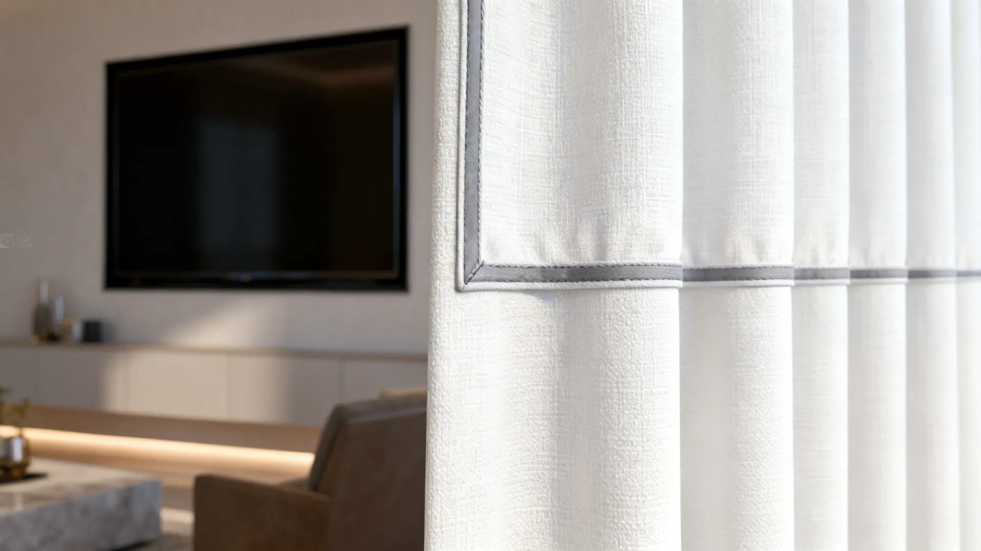 White curtain with subtle grey piping framing a living room TV wall.