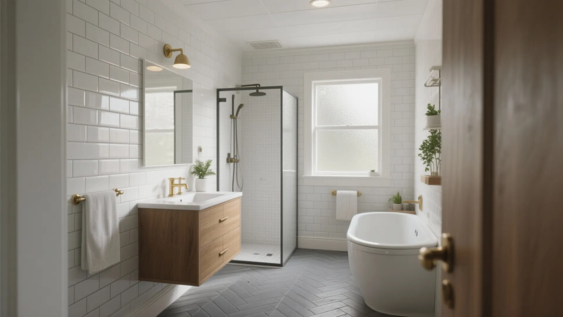Bright bathroom with white wall tiles wooden vanity glass shower and bathtub on grey floor