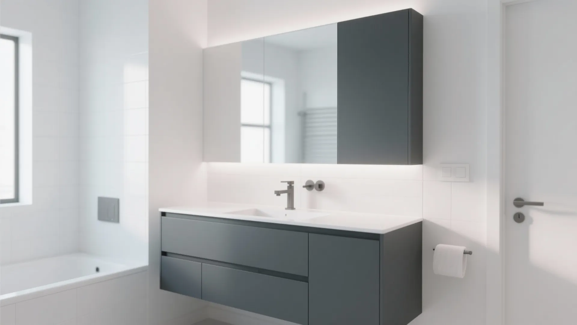 3. White Walls with a Deep Grey Vanity