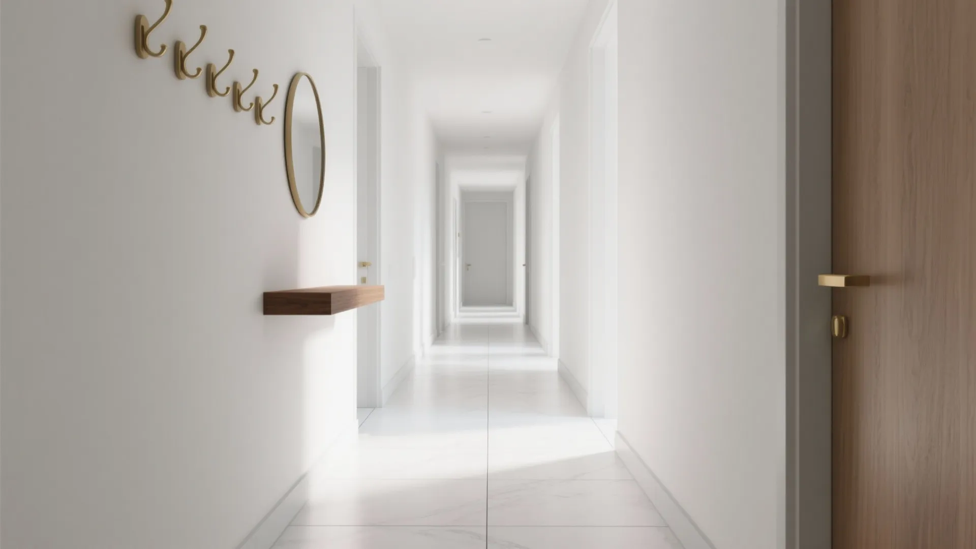 Modern white corridor with round mirror brass wall hooks wooden shelf and light marble floor