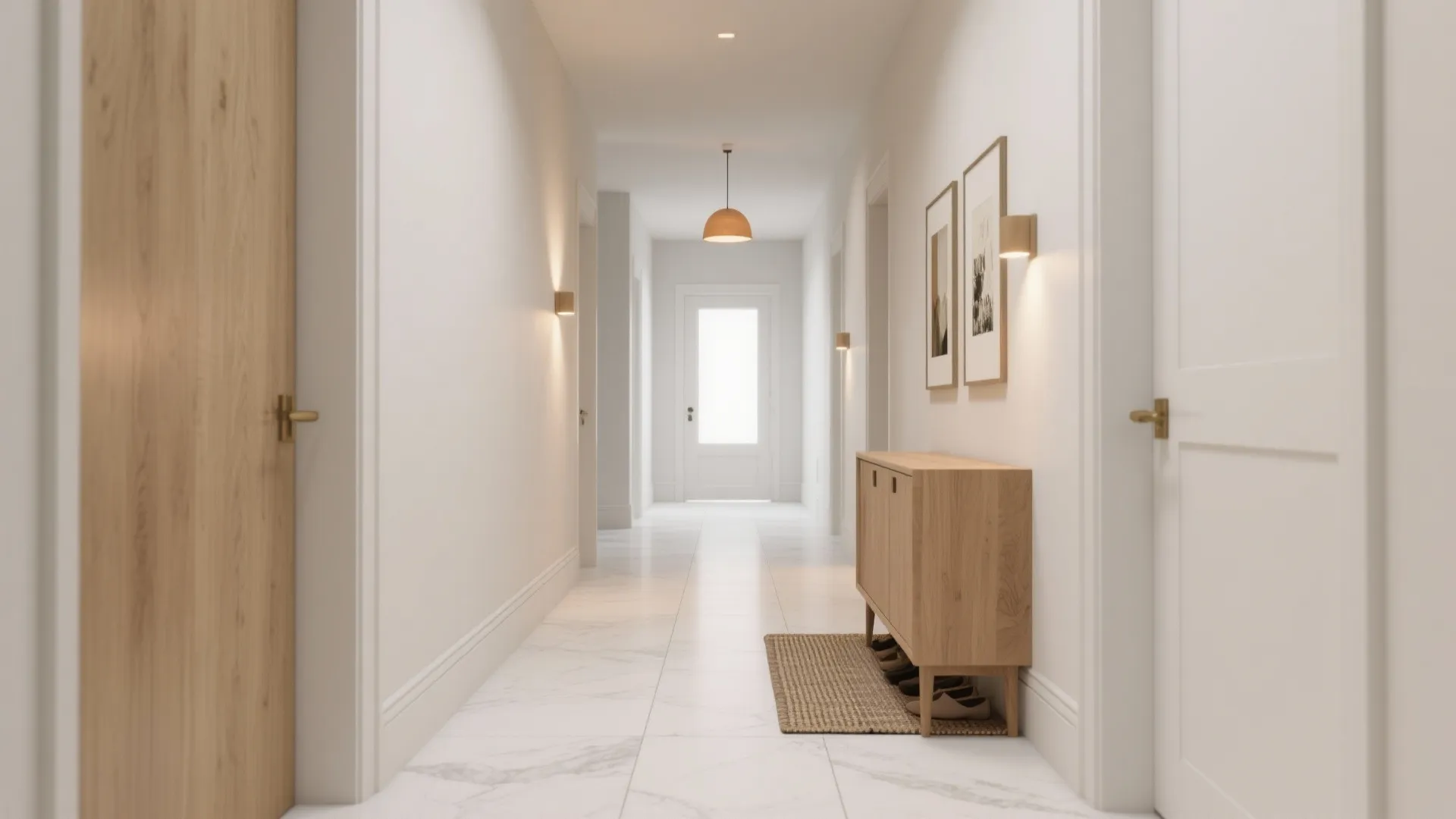 Bright hallway interior with white walls marble flooring wooden cabinet ceiling light and wall light fixtures