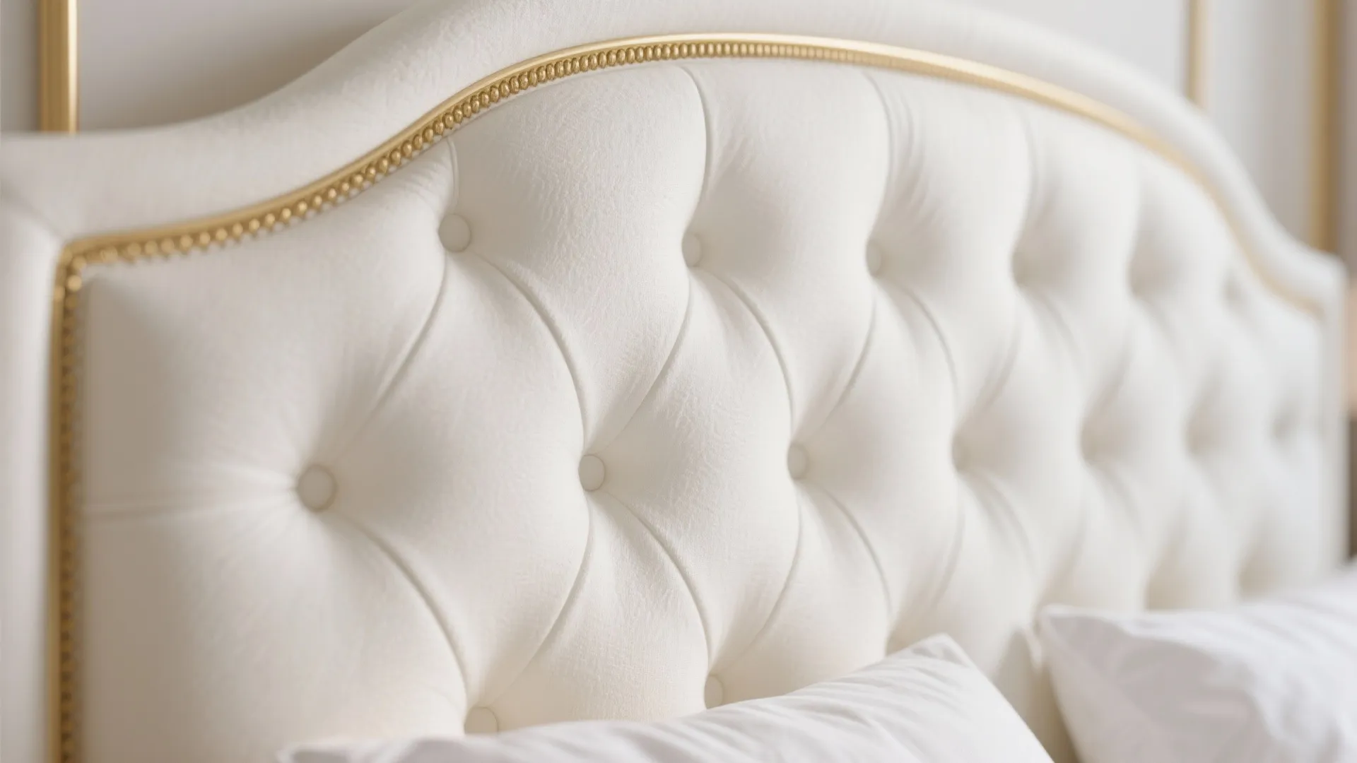 Elegant white tufted headboard with gold trim detail and white pillows on a comfortable bed