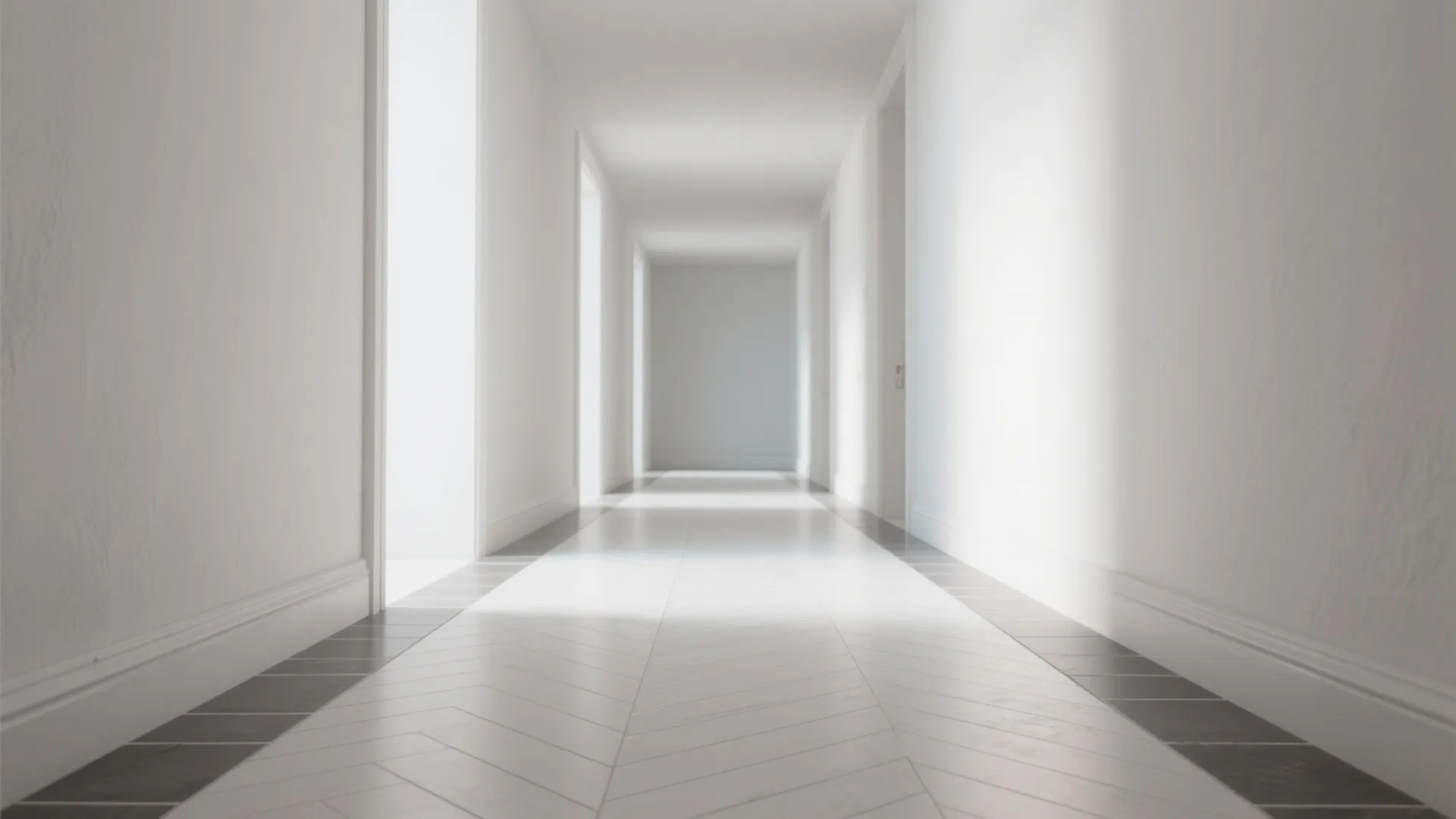 Minimalist white hallway with pattern floor tiles wood border side walls and bright natural light