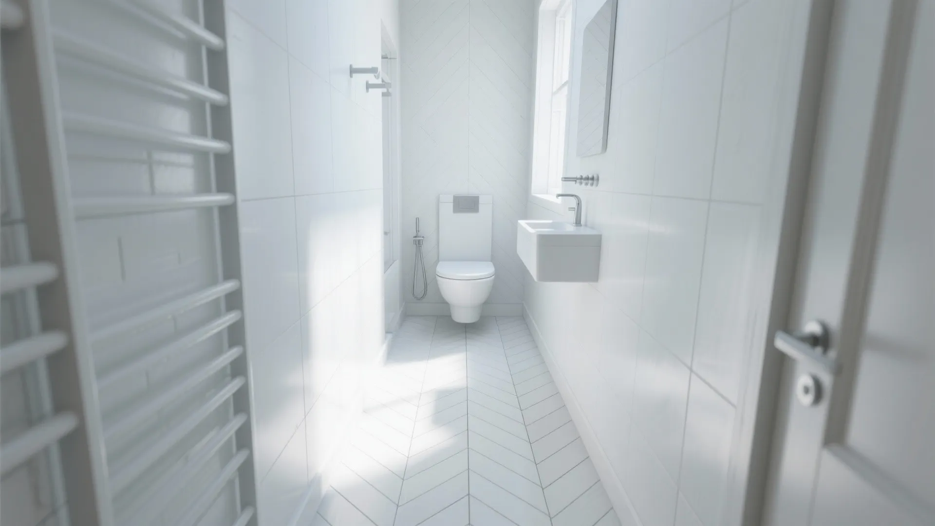 A narrow white bathroom with herringbone floor tiles and wall mounted sink plus white toilet