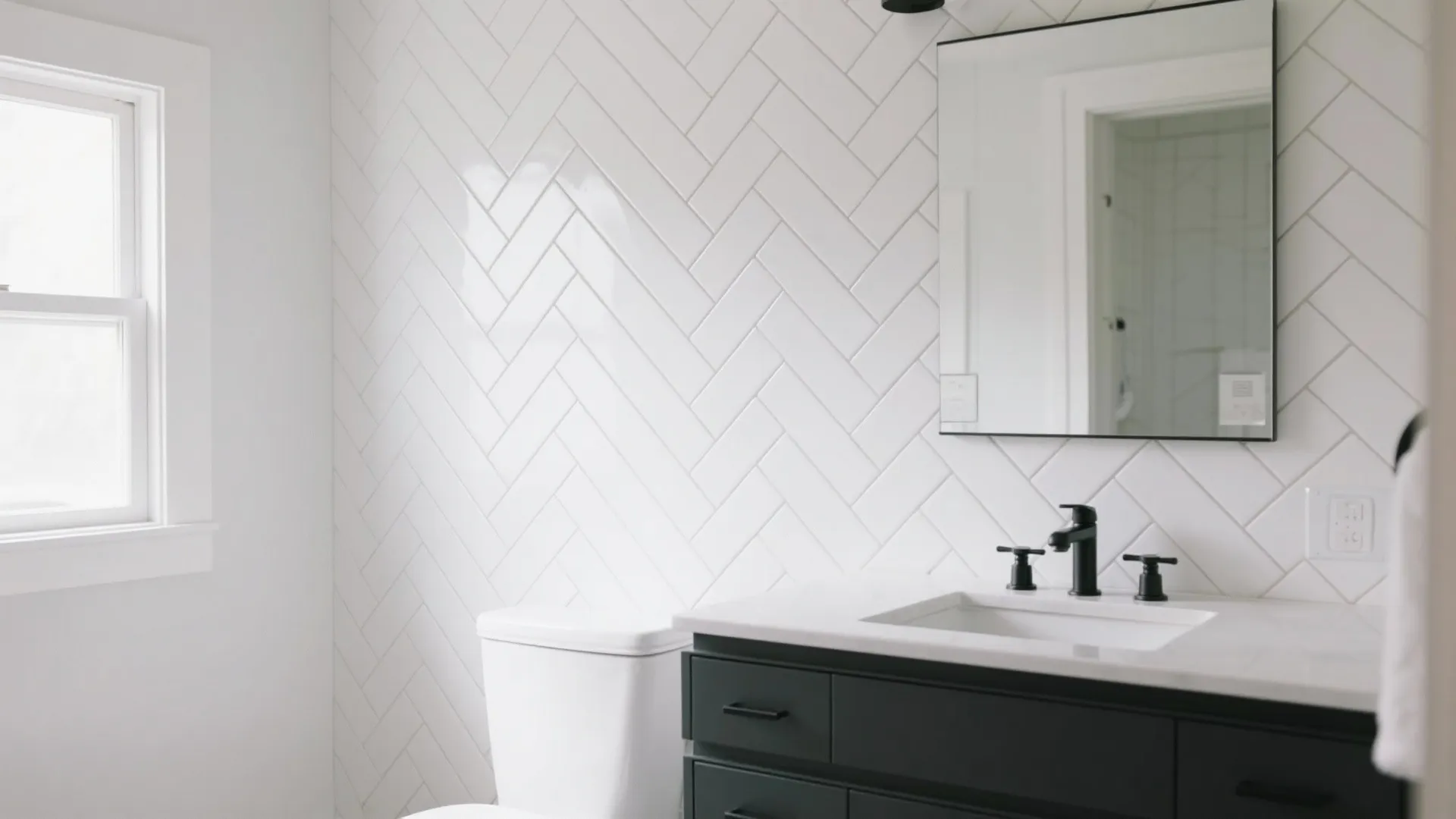 Modern bathroom with white herringbone wall tiles black vanity cabinet white toilet and square mirror