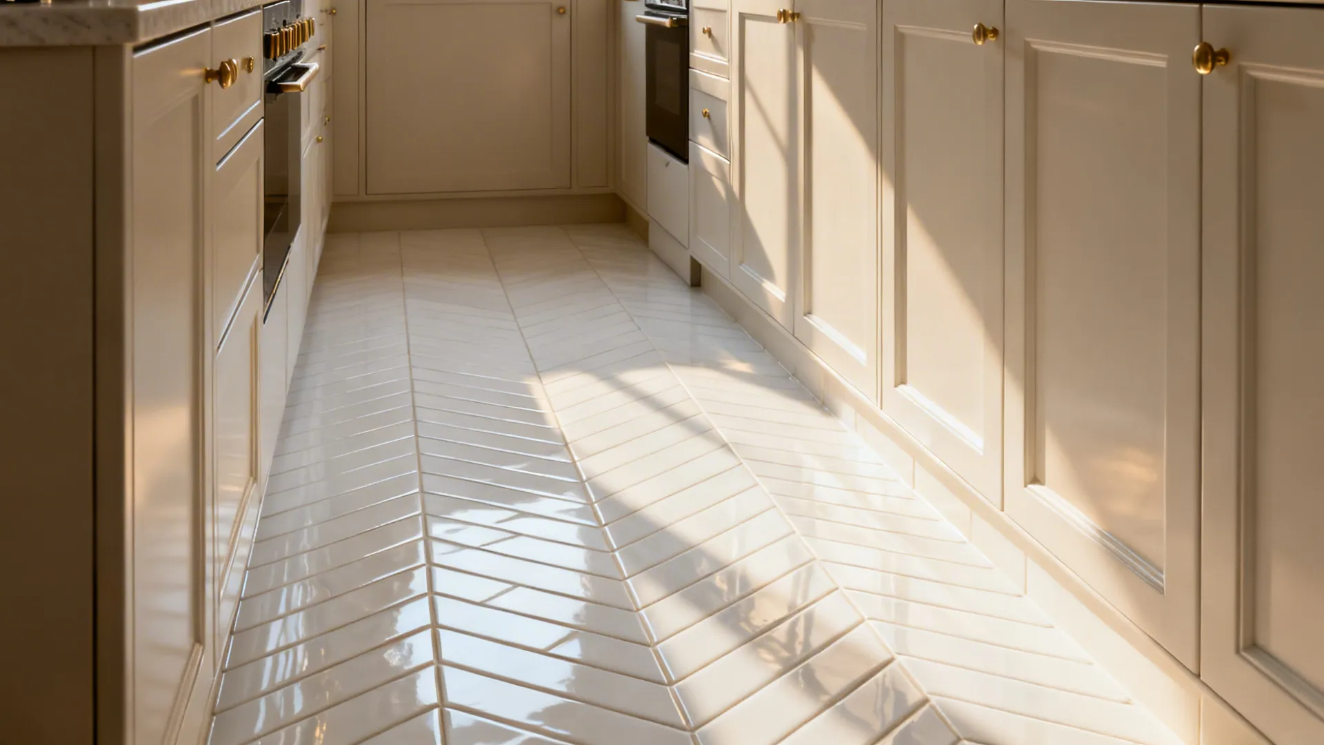 Micro-kitchen with slim white porcelain planks in a herringbone layout.