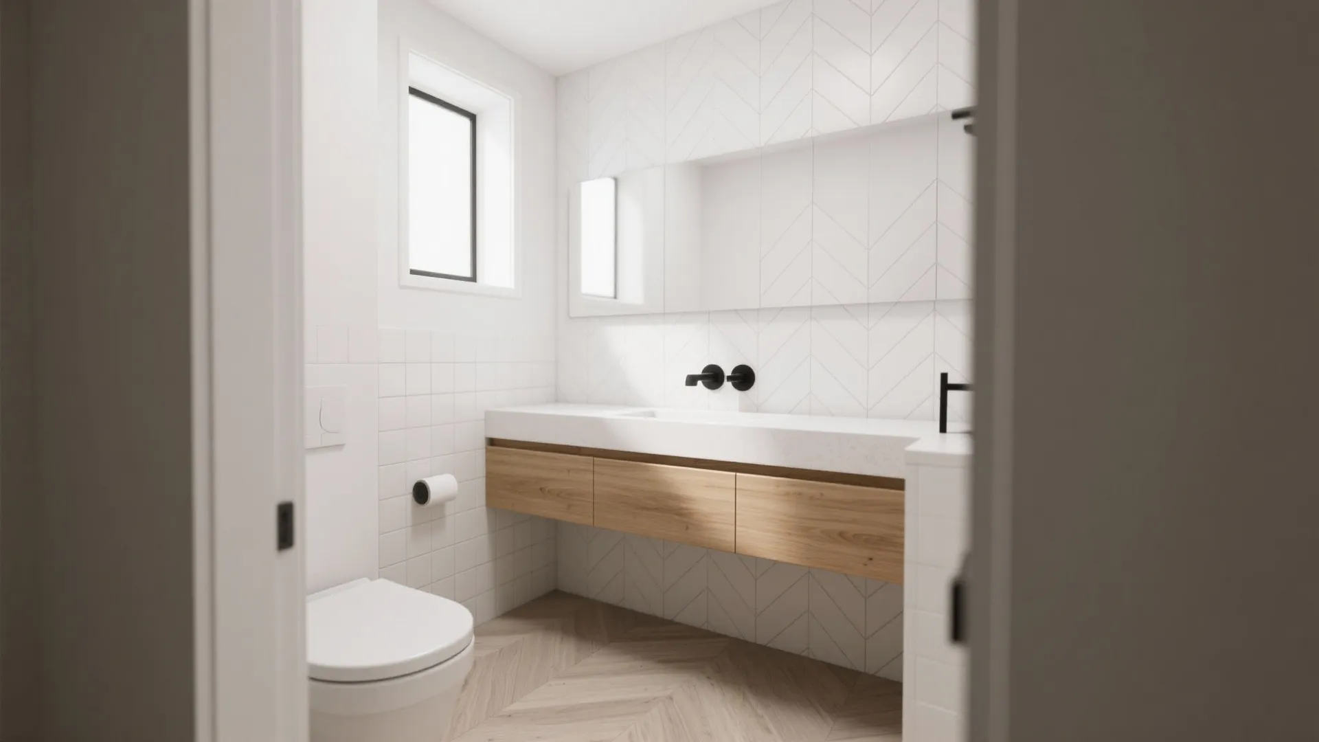 Modern white bathroom with wooden cabinet large mirror wall tiles and small window with light