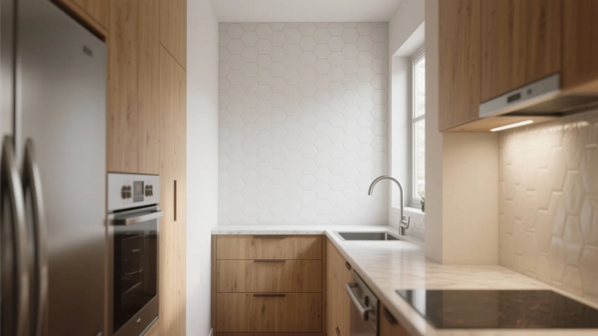 White Embossed Hexagon Backsplash: 5 Small-Space Kitchen Ideas: How embossed hexagon tiles can make a compact kitchen feel bespoke, bright, and surprisingly practical