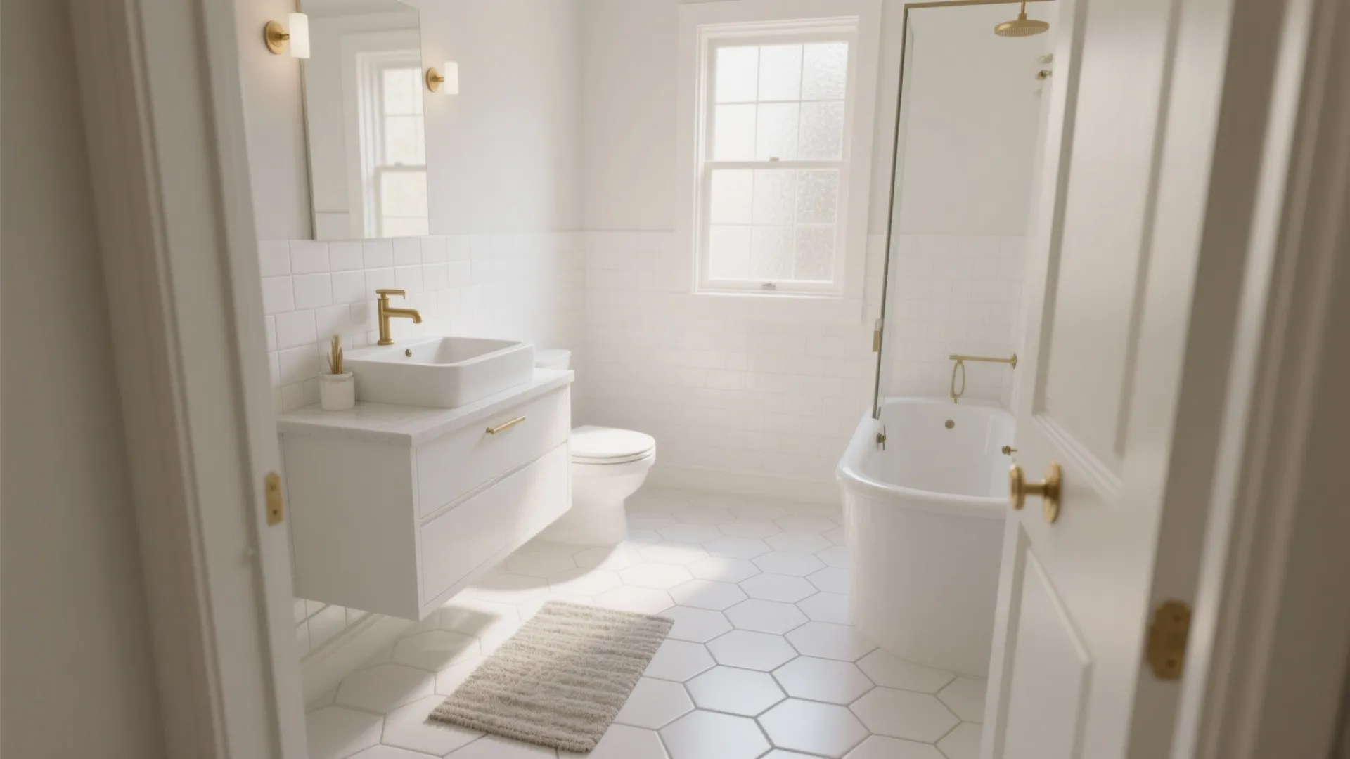 Bright white bathroom with hexagon floor tiles featuring a white cabinet toilet and standalone bathtub