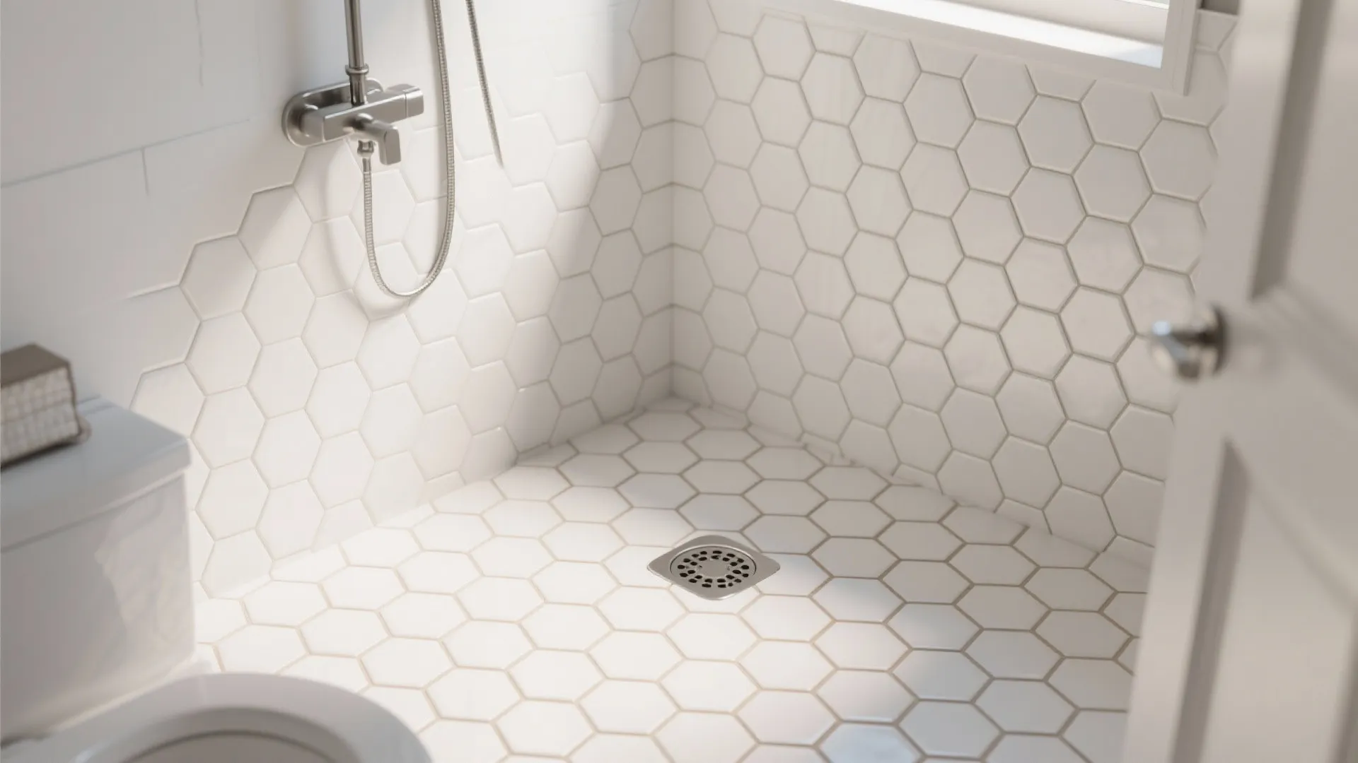 3) White hexagon mosaics for playful scale
