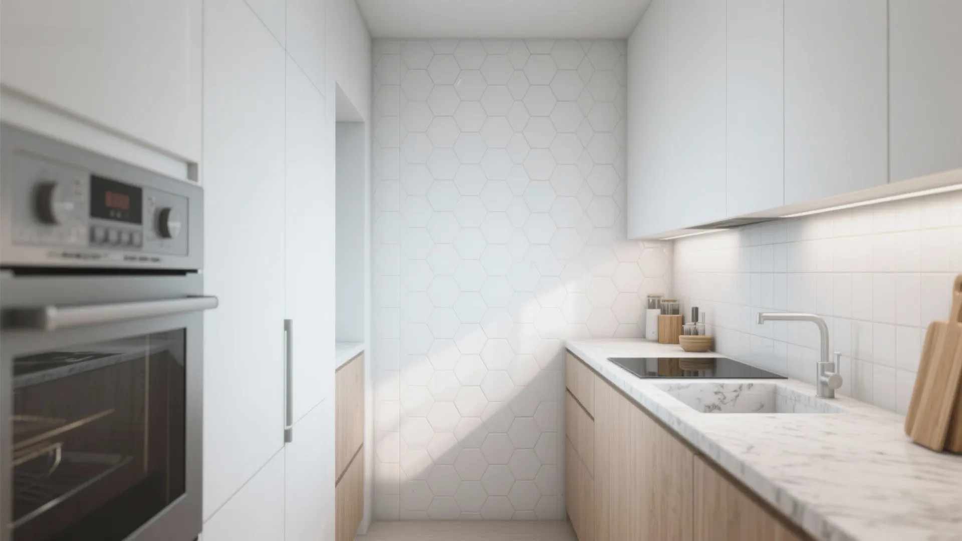 Modern kitchen with white hexagon wall tiles wooden cabinets marble countertop sink and black oven