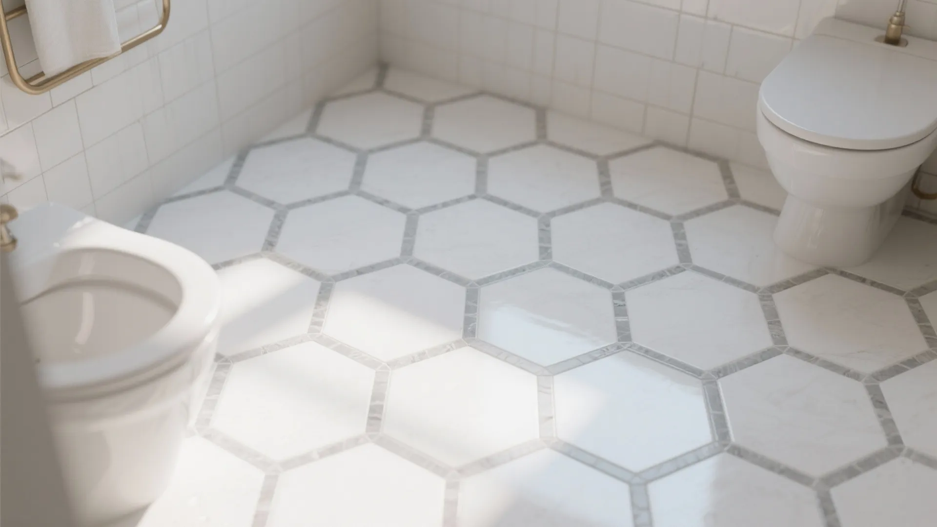 Modern bathroom floor with white hexagon marble tiles and two white toilets in bright sunlight