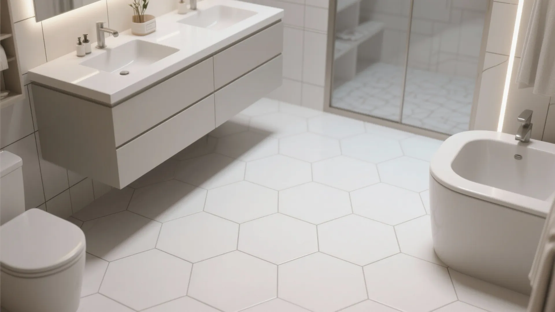 Modern bathroom with white hexagon floor tiles a double sink vanity toilet and a bathtub