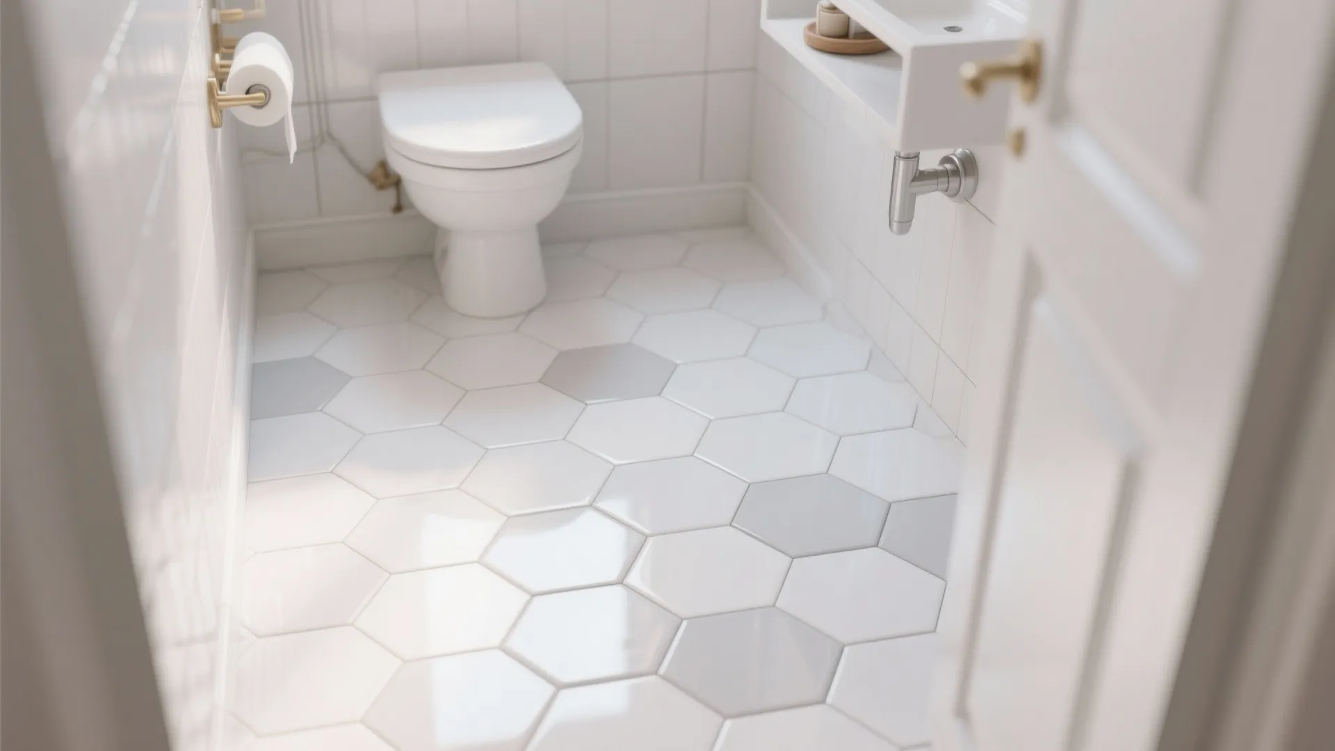 White bathroom with hexagon floor tiles plus white toilet and gold sink and door handle