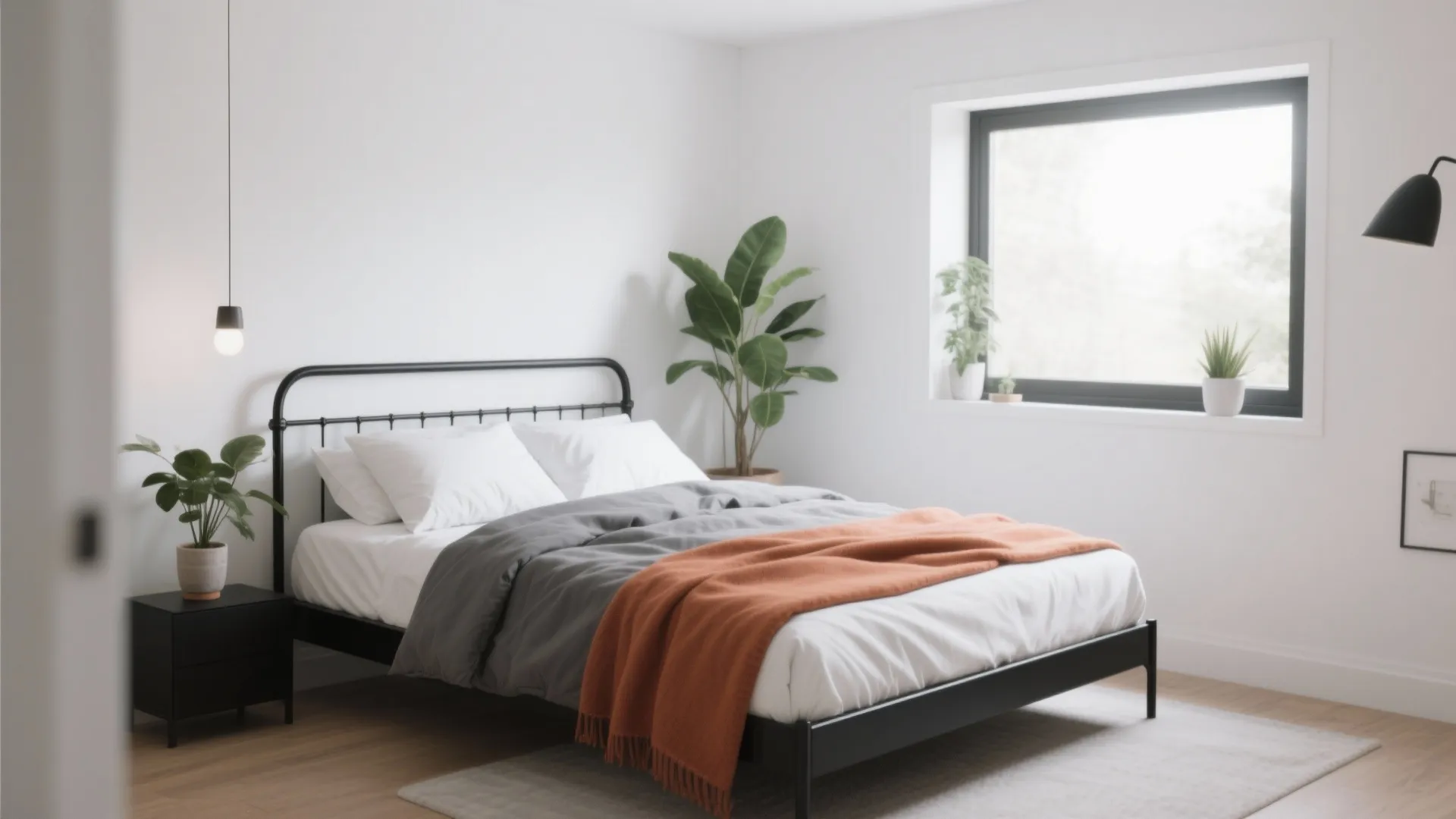 Minimalist white bedroom featuring black metal bed, grey bedding, orange throw, and large bright window
