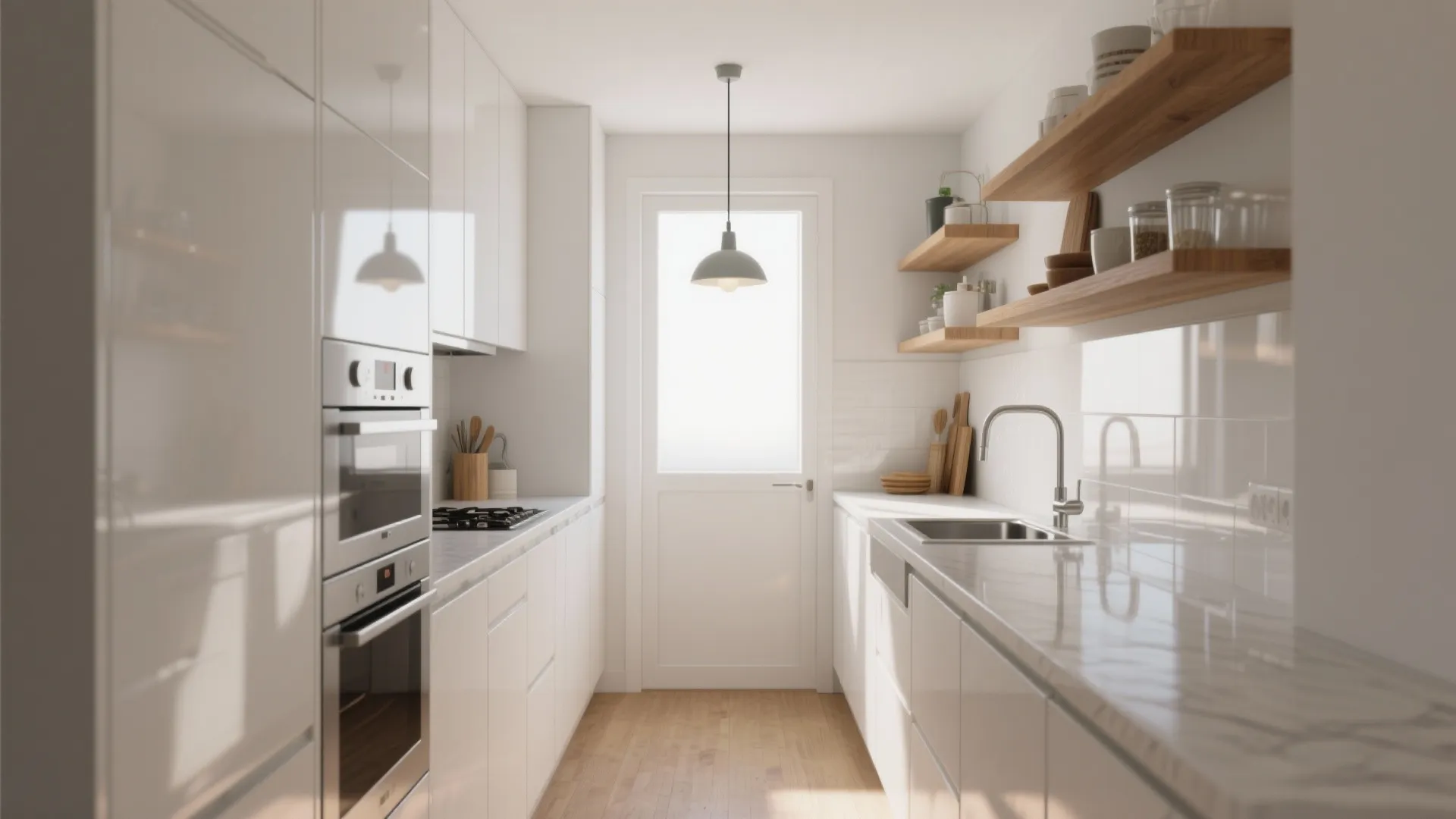 Bright white high gloss kitchen with wood flooring open shelving a ceiling light and glass door