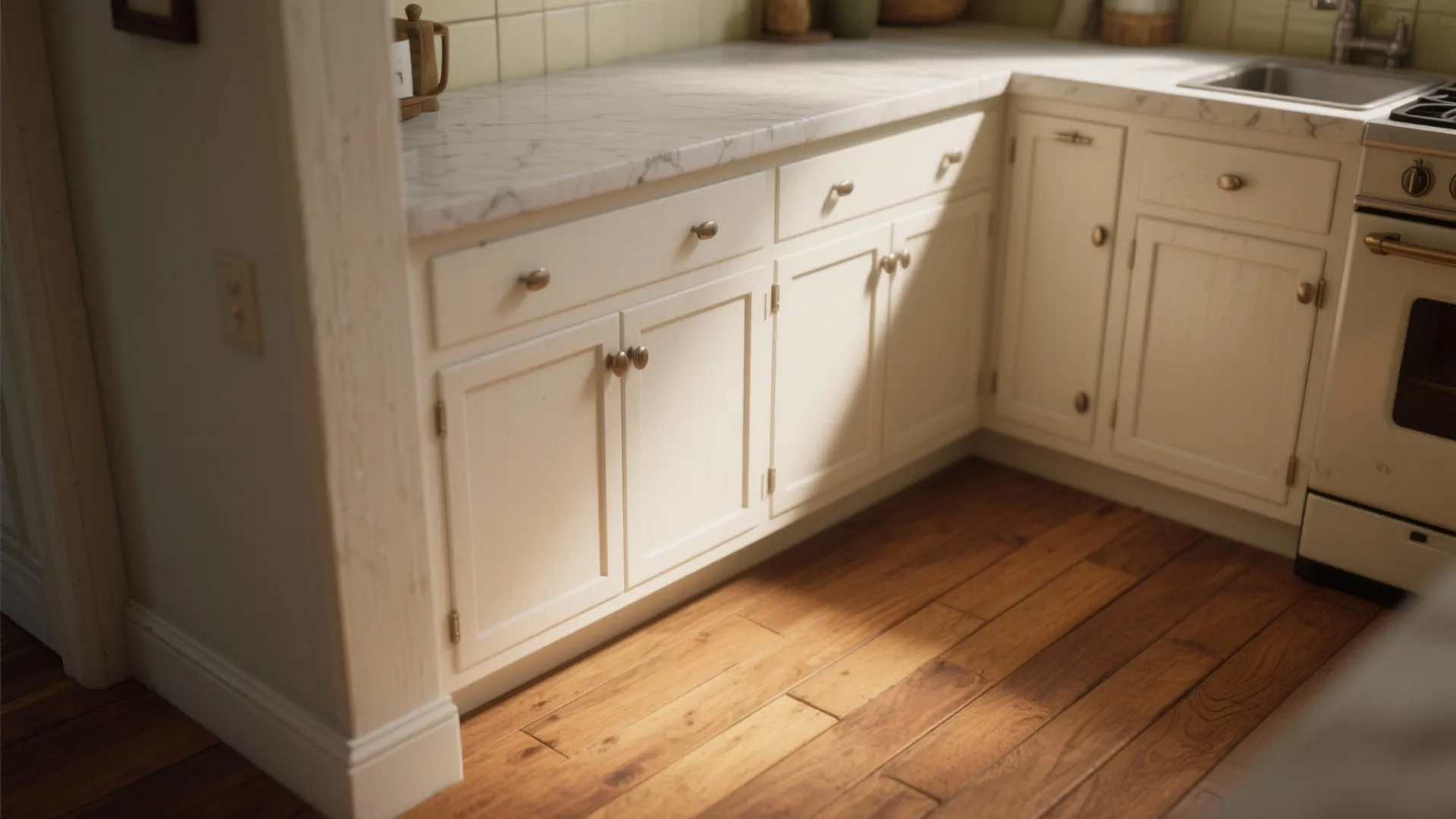 Small kitchen with soft white cabinets and warm honey oak floors, bright and timeless