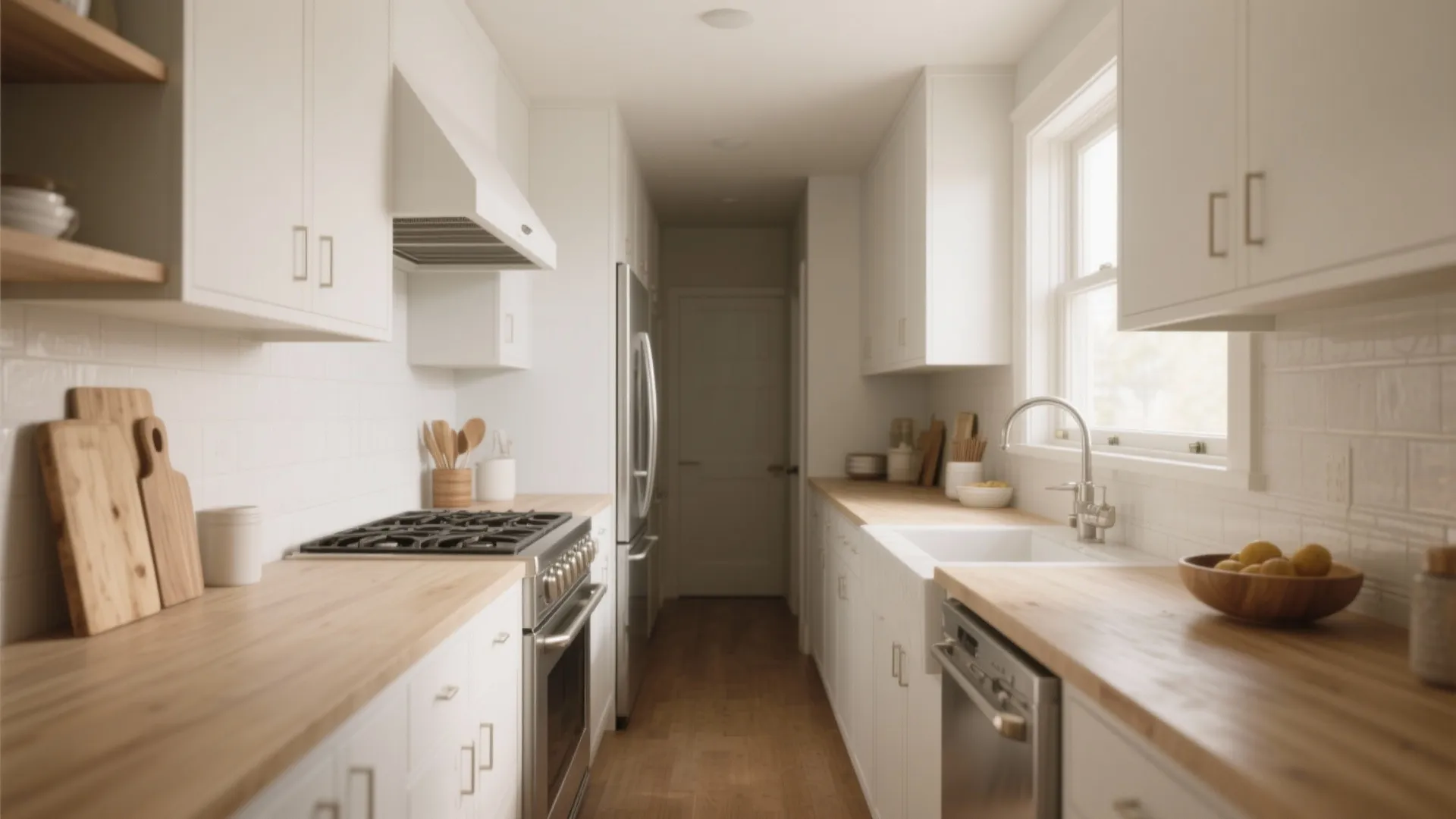 Bright galley kitchen featuring white cabinets with wood countertops and a modern white range hood