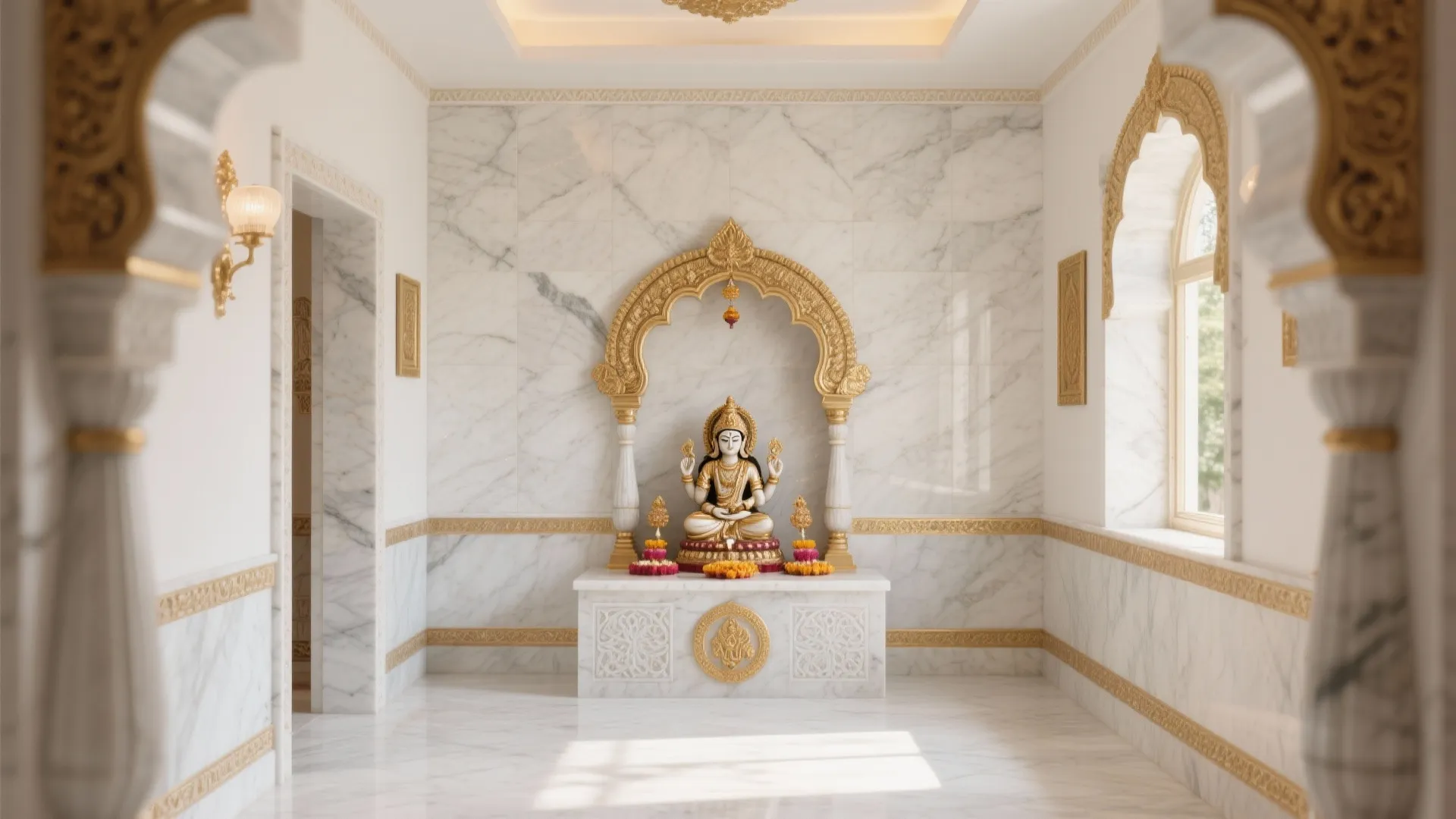 Bright white marble prayer room with a golden archway framing a central statue and window