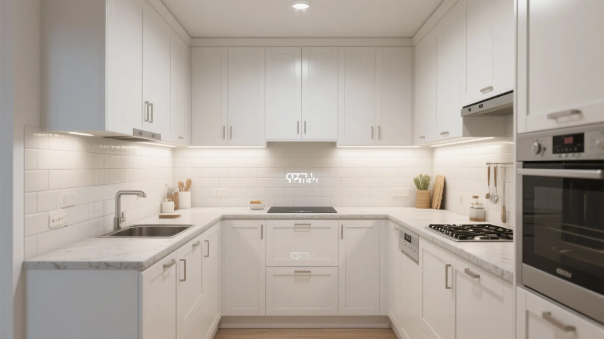 Clean white kitchen with marble countertop and white cabinets plus warm under cabinet light fixture