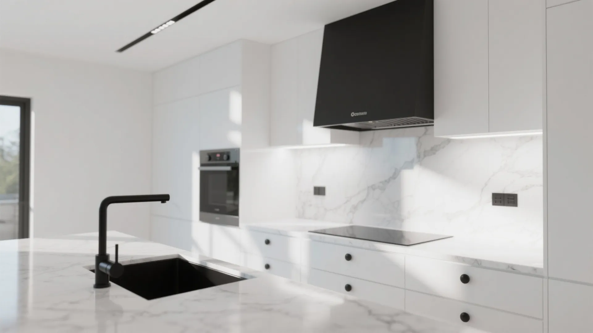 Minimalist white kitchen with marble wall and island featuring black faucet and black stove hood