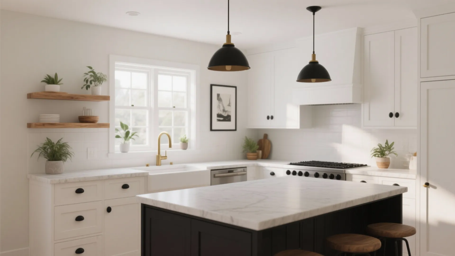 Bright white kitchen with marble island, black ceiling light, wood shelves, and large window view