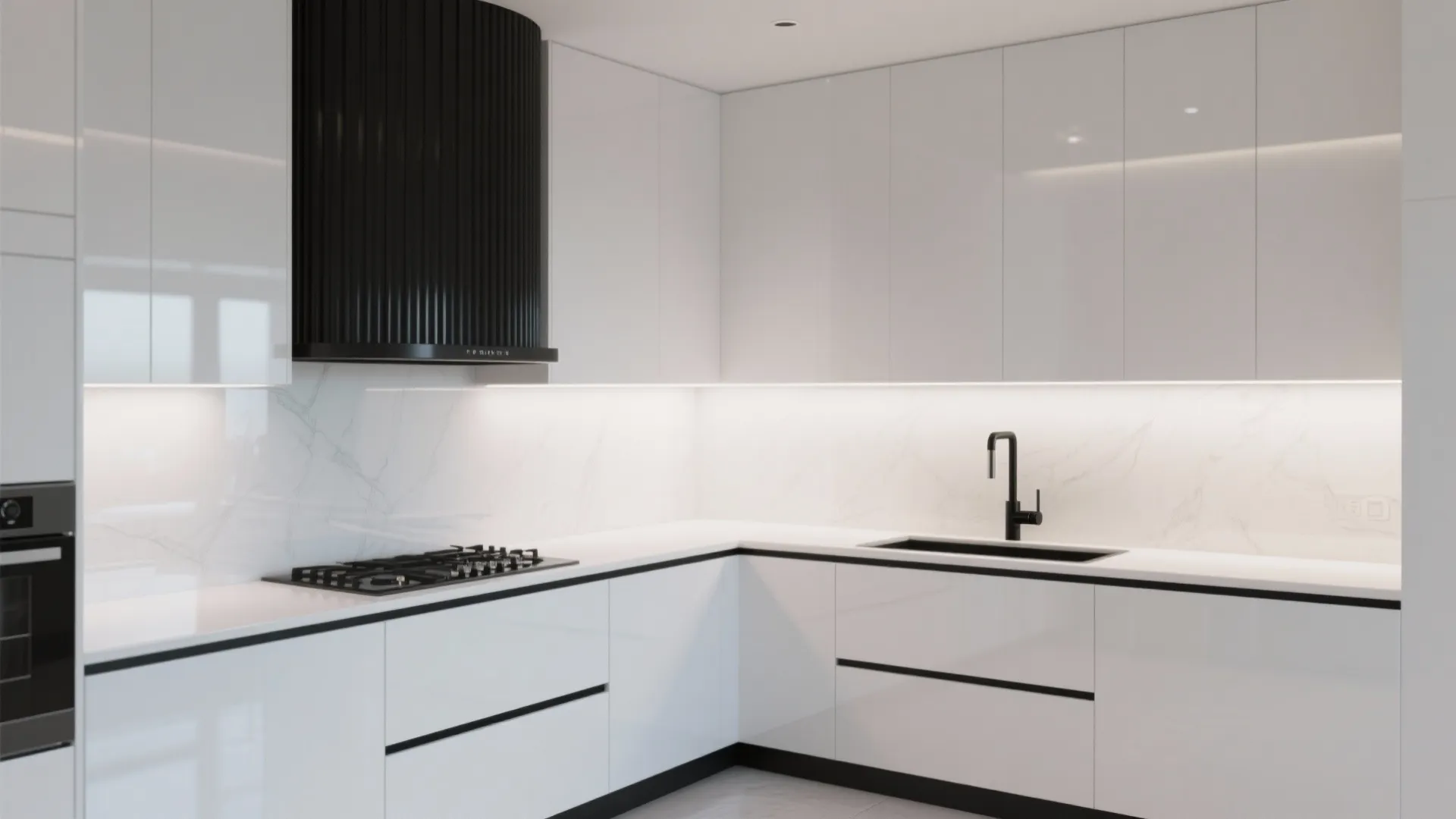 4. All-white glossy walls with a black statement hood
