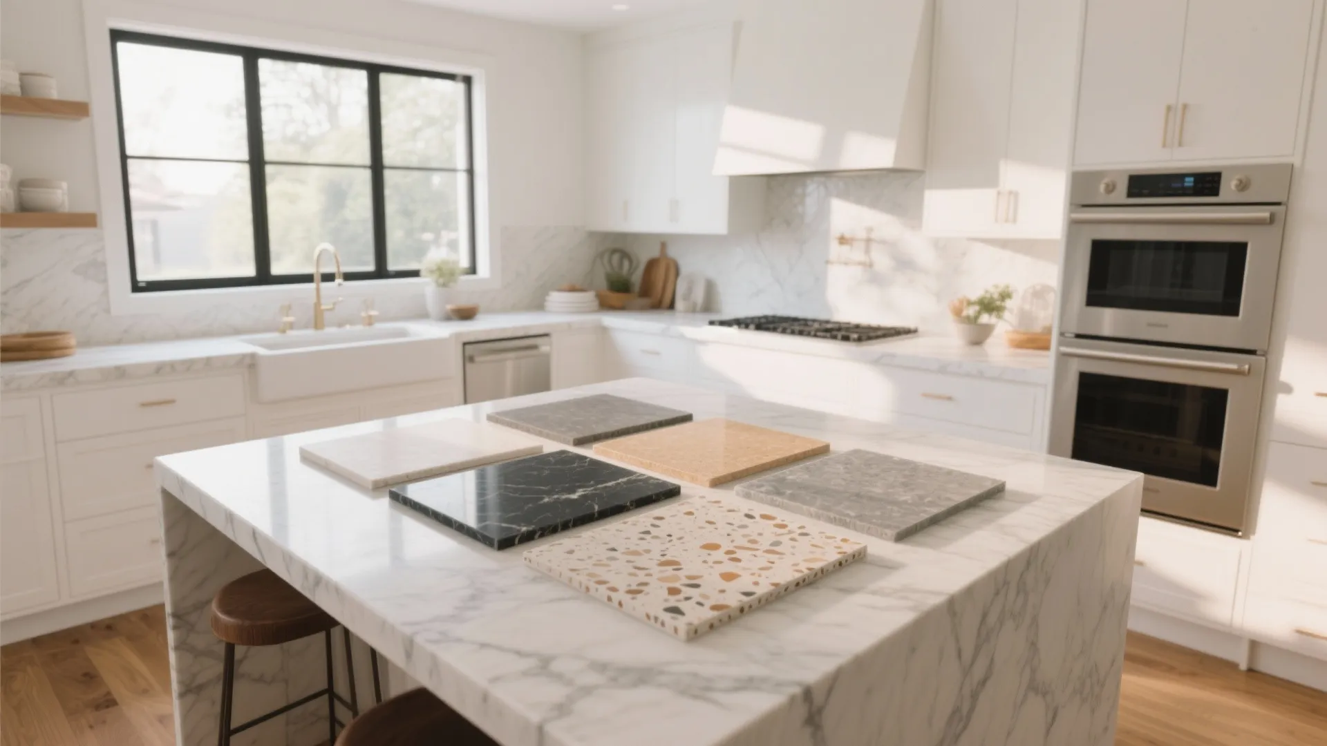 Modern white kitchen design with marble island holding several different stone material samples for renovation