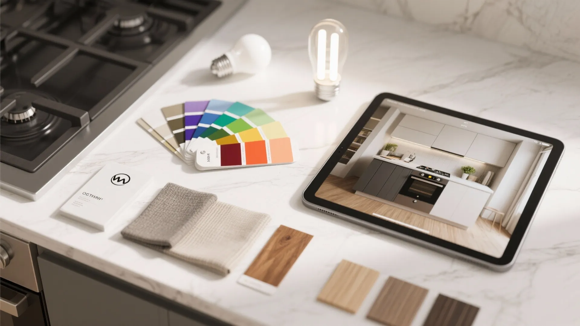 Paint sample cards, lighting bulbs, and a tablet showing a 3D render for choosing kitchen whites.