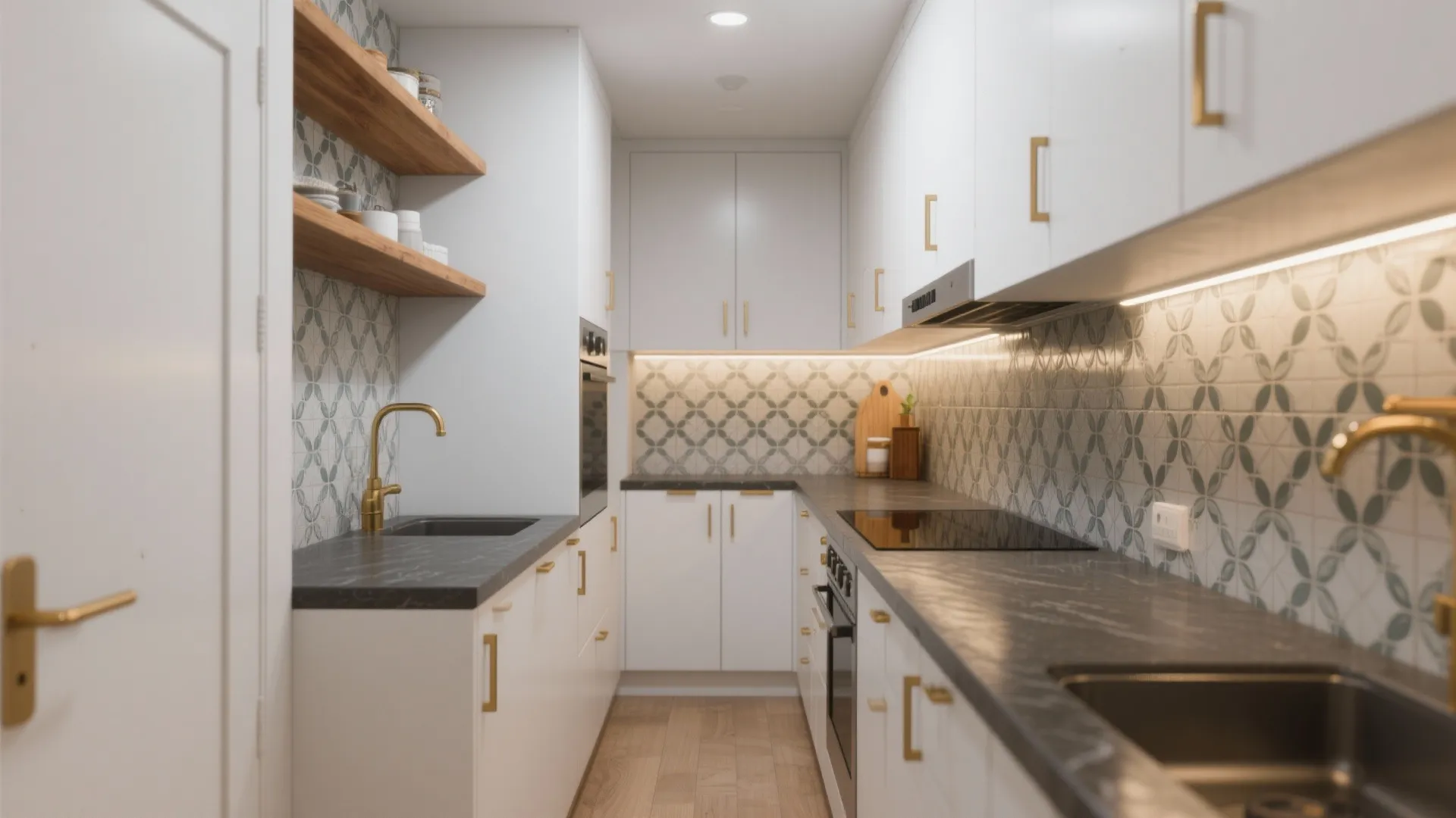 Modern narrow white kitchen with dark counters wood shelves gold taps and patterned wall tiles