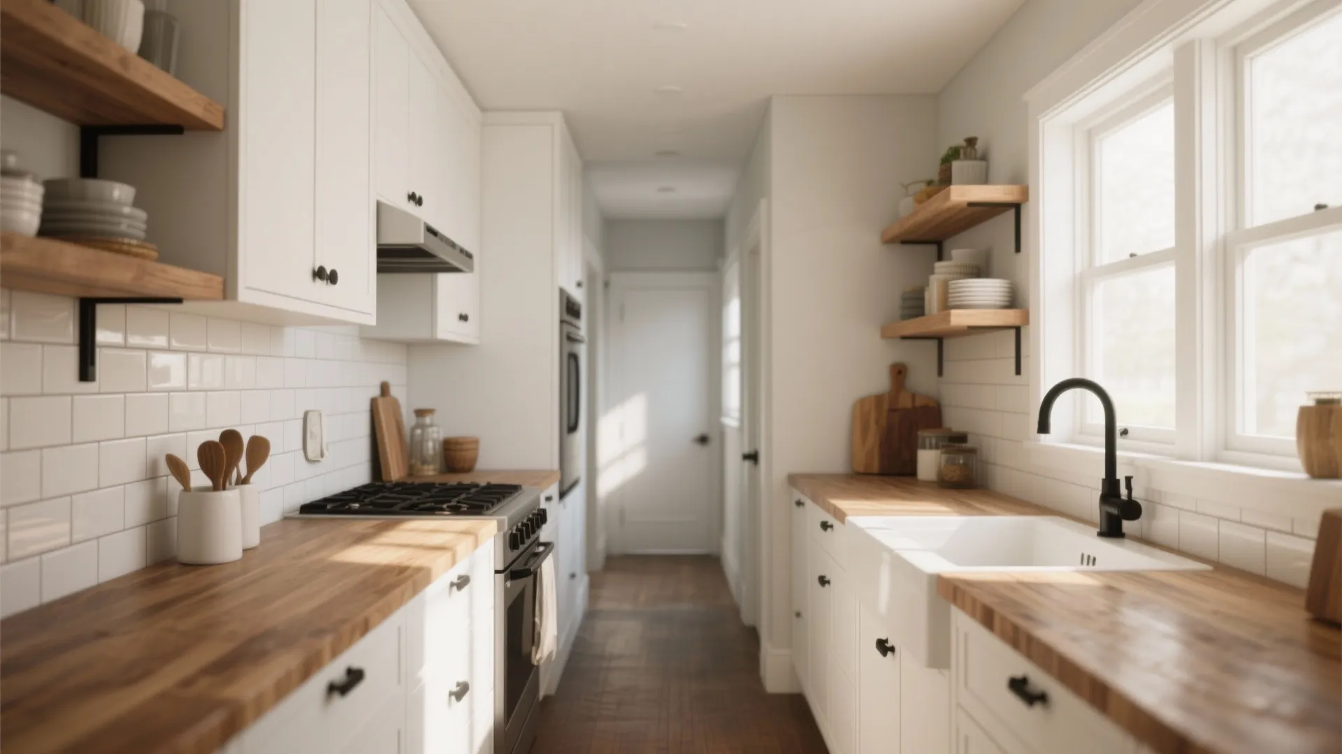 Modern white galley kitchen with wooden countertops white subway tiles black faucet and open shelving