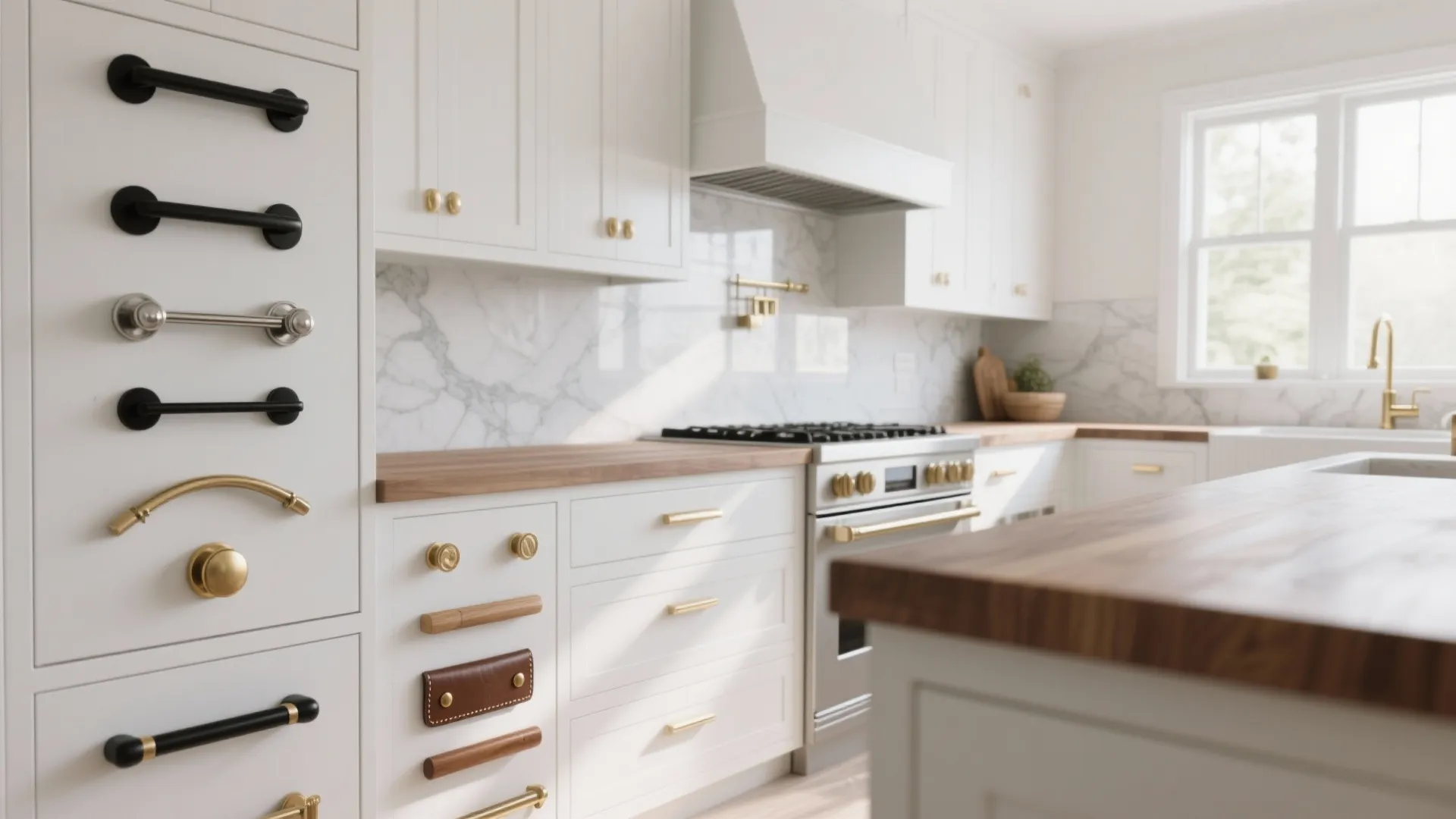 White kitchen design with wood counter top gold handles black pulls and marble wall tile background
