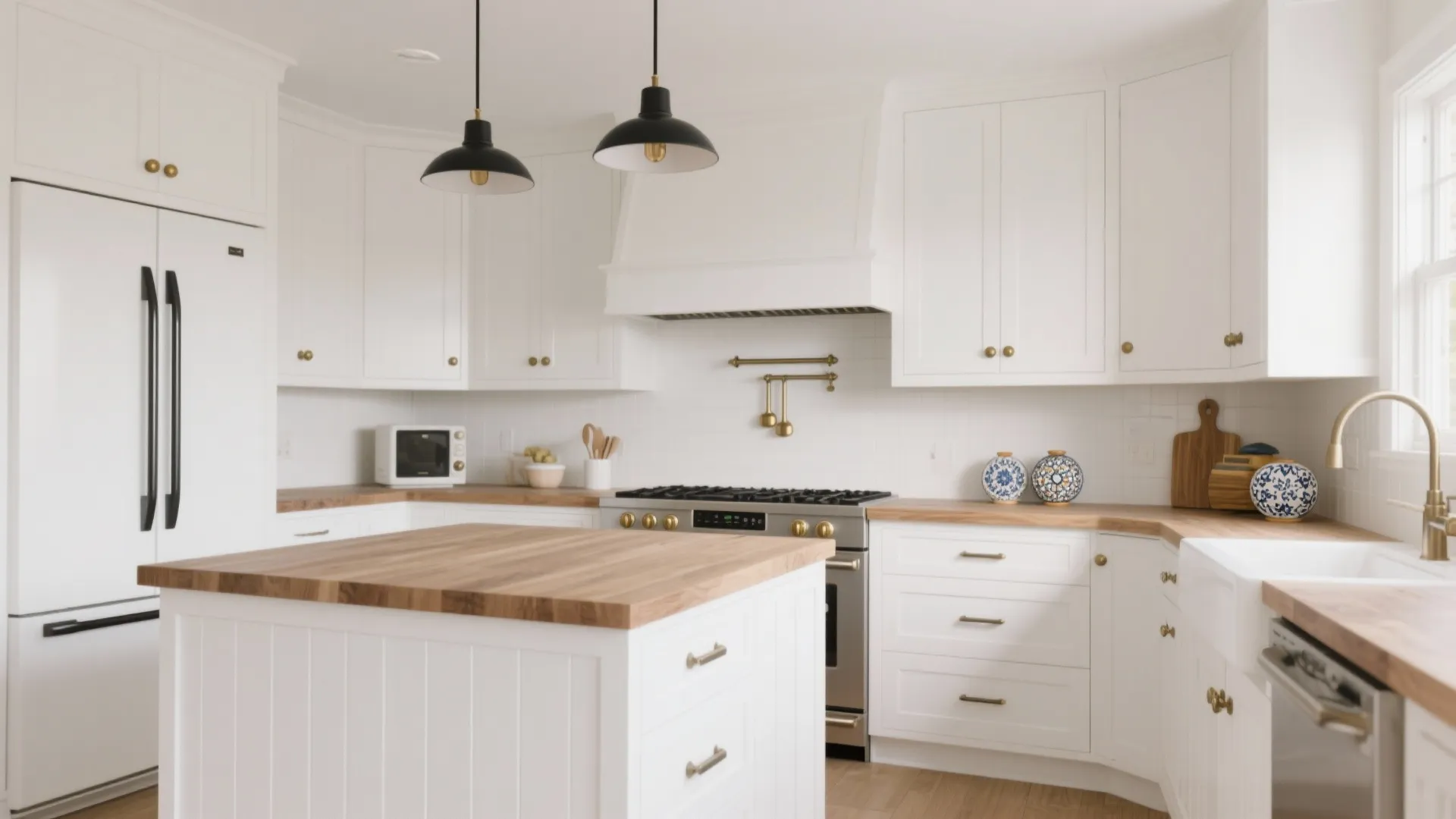 Modern white kitchen featuring wooden countertops black ceiling lights gold handles and a central island