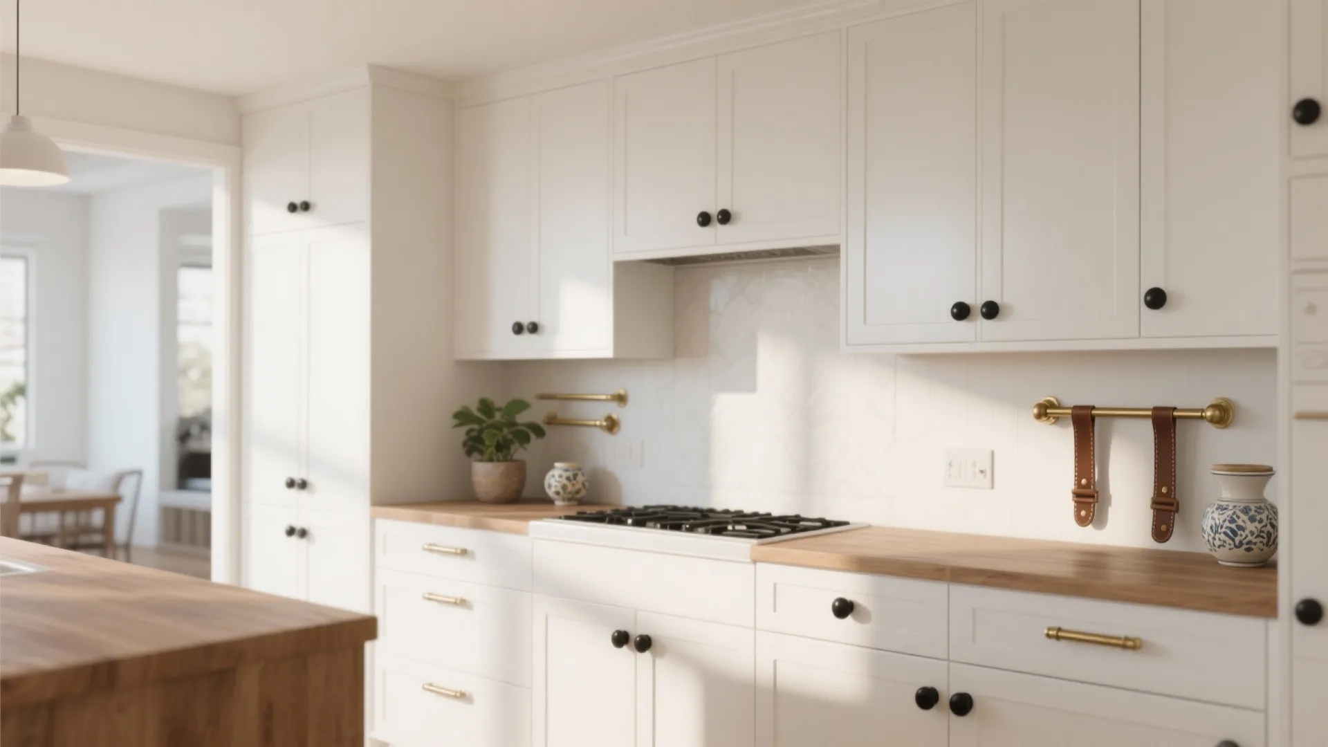 Bright white kitchen with wooden countertop black round knobs gold handles and a stove top