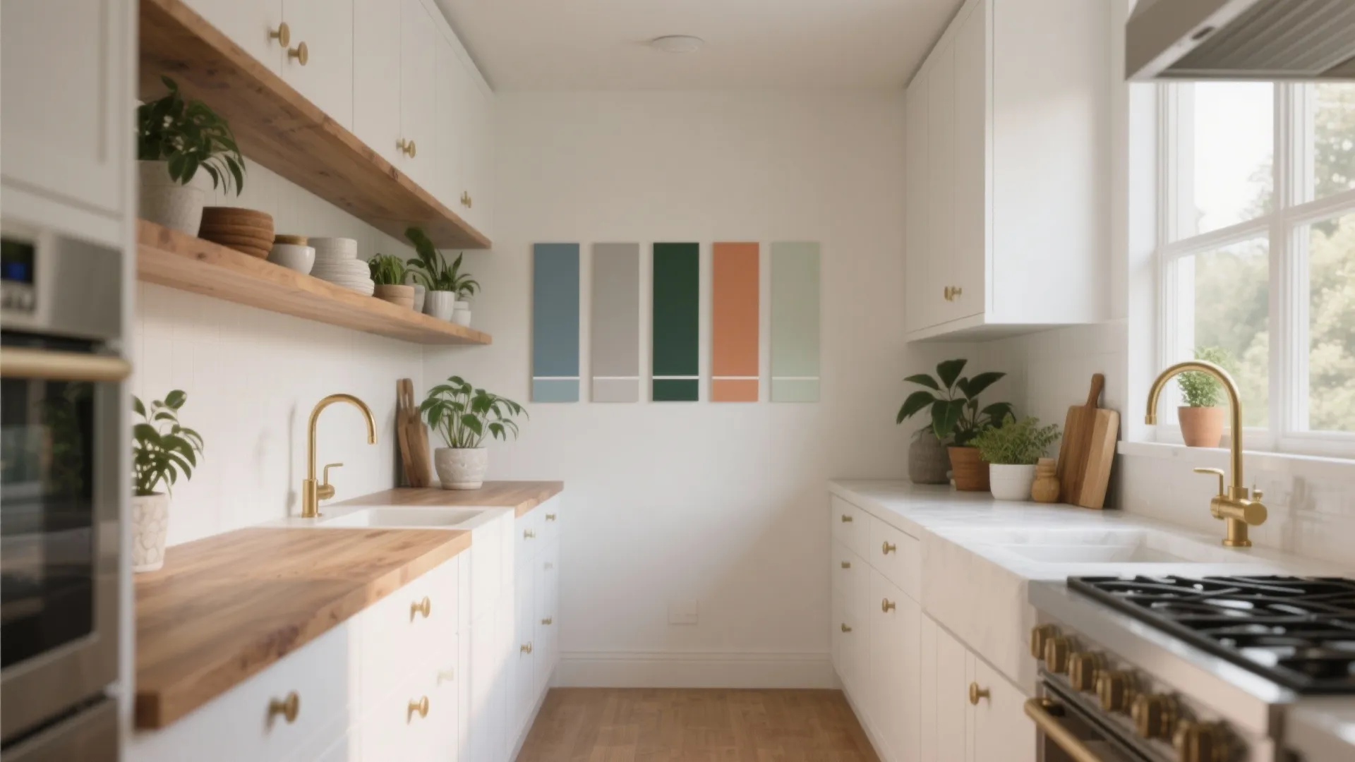 Bright white kitchen with wood countertops gold faucets green plants and five colorful wall paint samples
