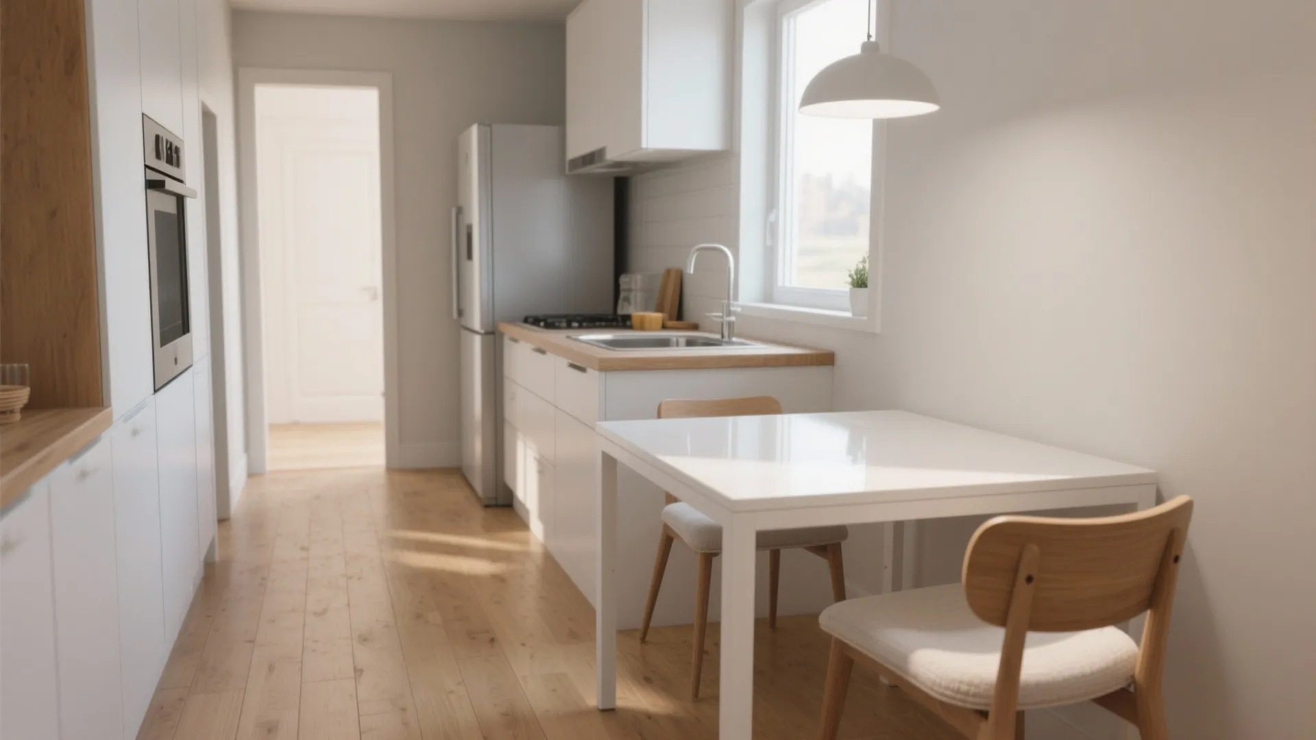 Modern white kitchen with wooden floor small dining table two chairs and bright natural light