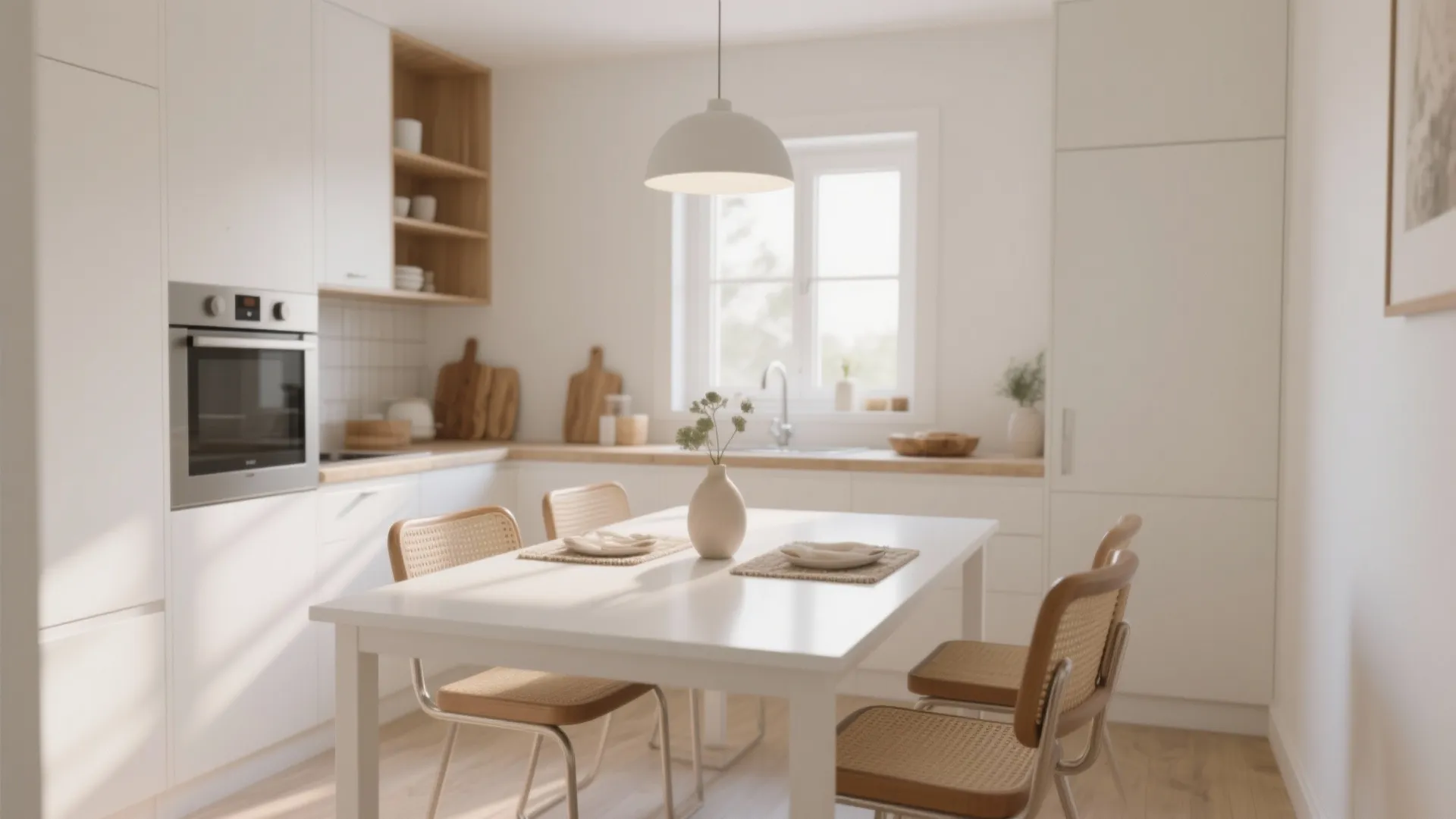 Bright modern white kitchen with wooden counters dining table chairs ceiling light and built in oven