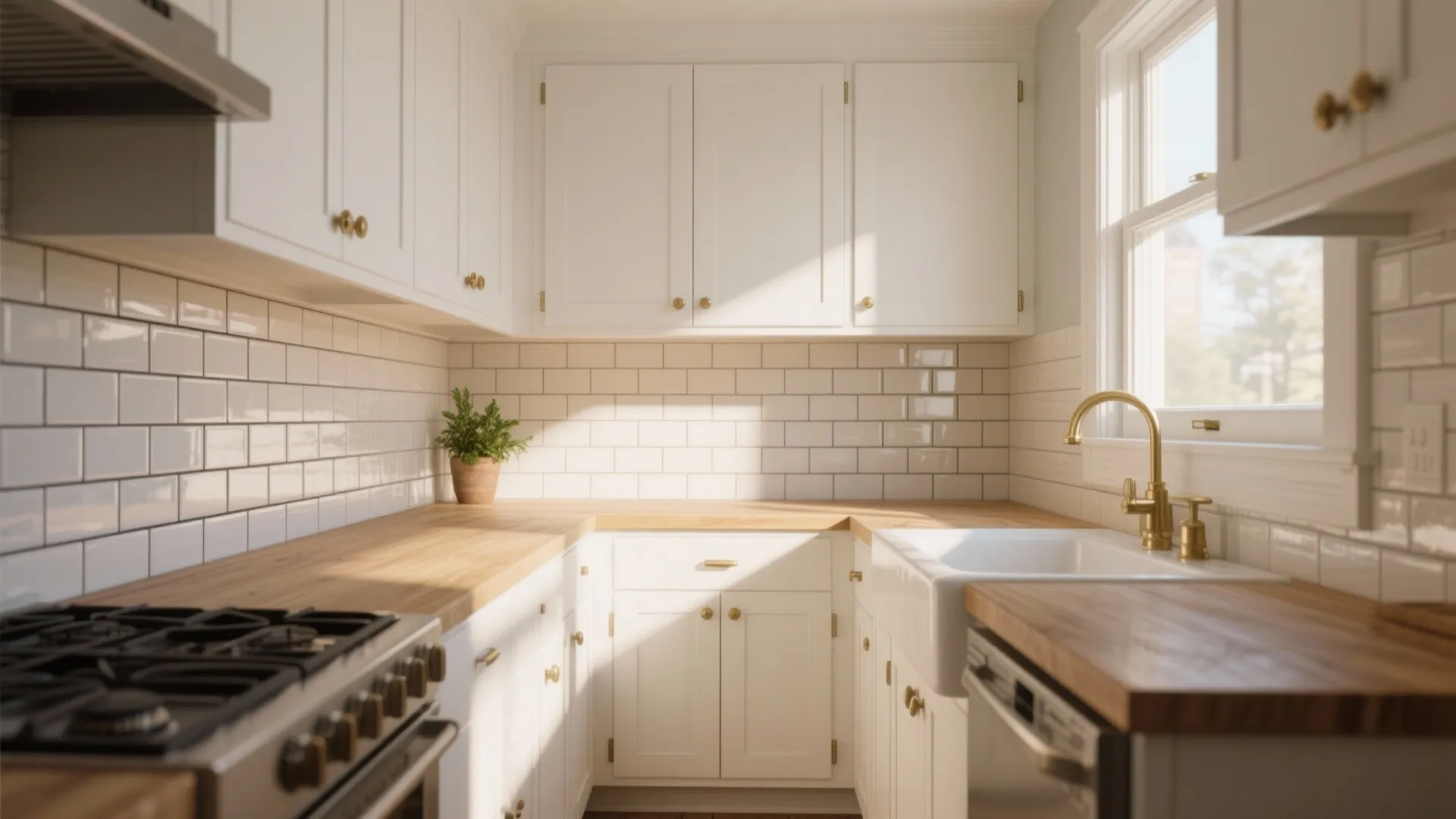 Bright white kitchen with wooden countertops, subway wall tiles, brass faucet, and large natural light