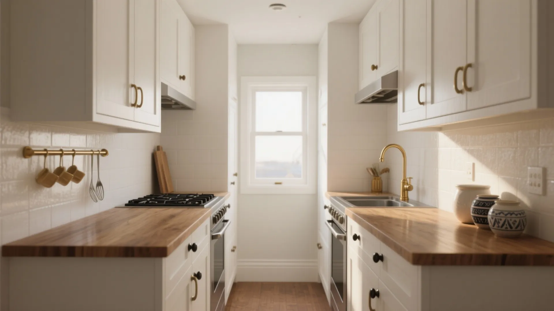 Small white galley kitchen with wooden countertops white cabinets brass faucet and a large window
